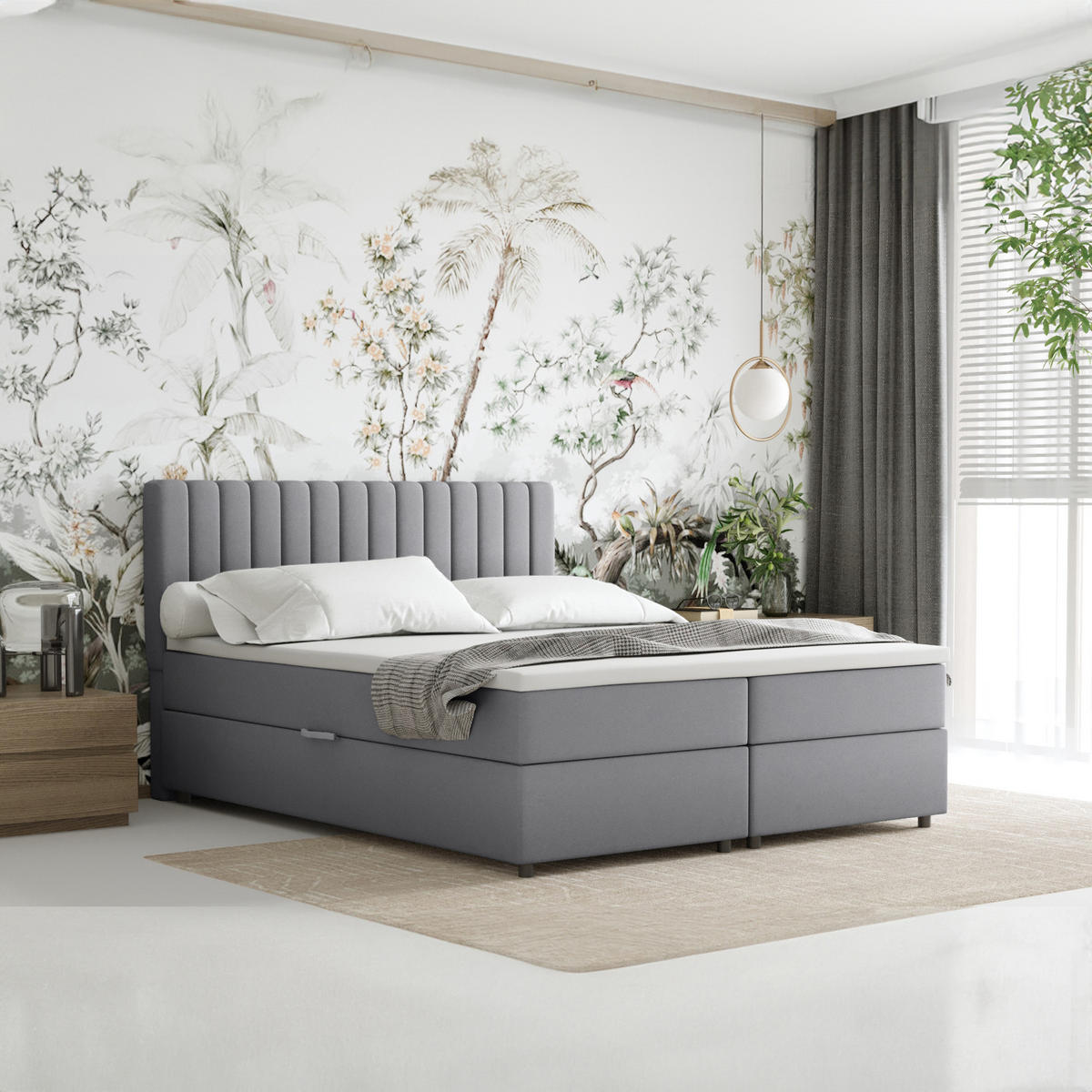 BOXBETT Everest grau 160 x 200 cm Doppelbett mit hochwertiger Bonell-Matratze und Topper - Grau, Holz (160/200cm) - Panda Möbel