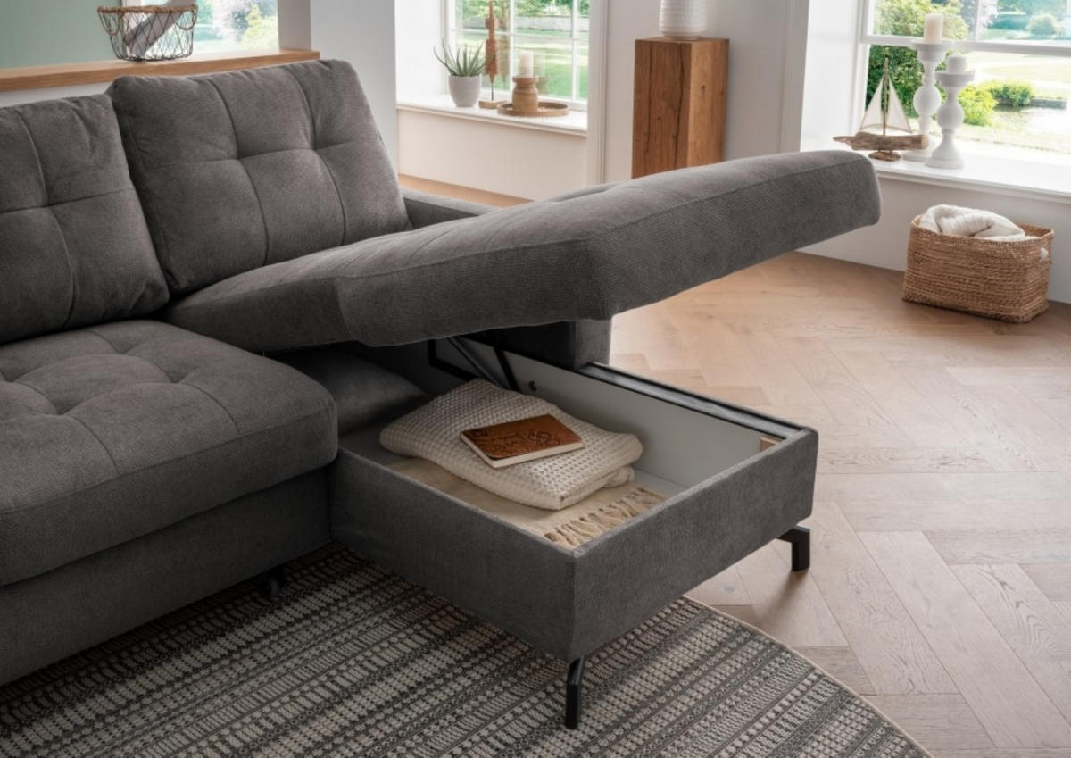 ECKSOFA mit Schlaffunktion und Bettkasten, Luxus-Mikrofaser - Anthrazit/Schwarz, Textil/Metall (150/230cm) - myHomelando