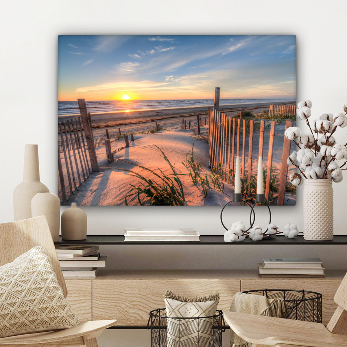 LEINWANDBILD Strand - Meer - Düne - Sonnenuntergang - Landschaft Wandbilder 80x60 cm - Beige, Textil (80/60cm) - MuchoWow