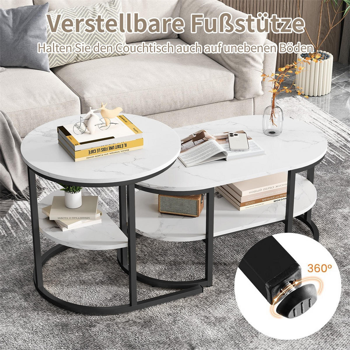COUCHTISCH 2er-Set - Ovaler und Runder Couchtisch in Marmoroptik mit Ablage - Weiß und Schwarz - Schwarz, Holzwerkstoff (46/80/41cm) - DELFA
