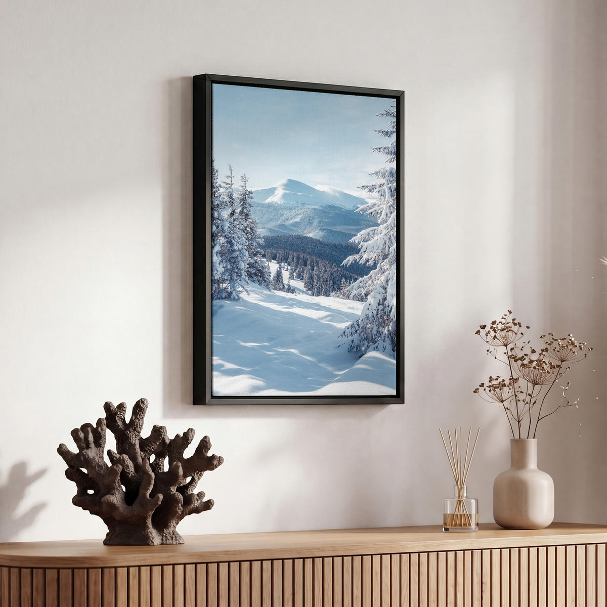 LEINWAND Bilder mit Rahmen - Winterlandschaft - Natur - Berge - Bäume - Schnee - 20x30 - Hellblau, Textil (20/30cm) - MuchoWow