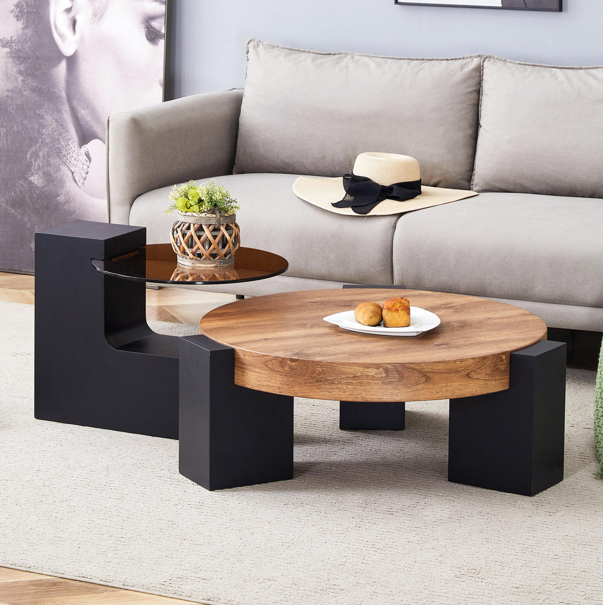 COUCHTISCH-SET rund 61/61/30 cm Schwarz Holzoptik mit Glasplatte und Ablage - Schwarz, Holzwerkstoff (61/61/30cm) - OKWISH