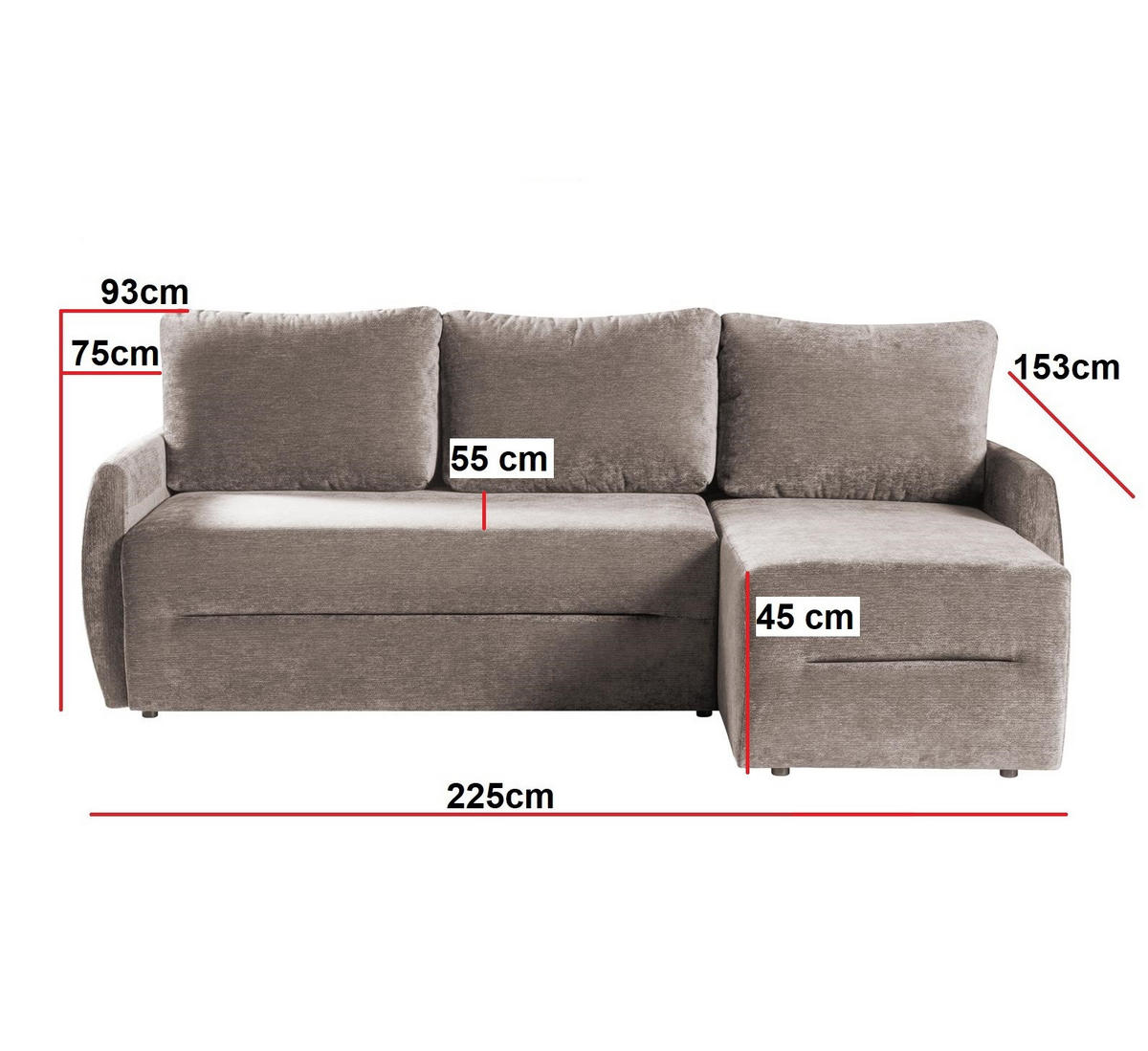 ECKSOFA mit Schlaffunktion KATANIA - Chenille-Stoff Dunkelgrau - Inkl. Bettkasten - Graphitfarben, Textil (225/153cm) - Bettso