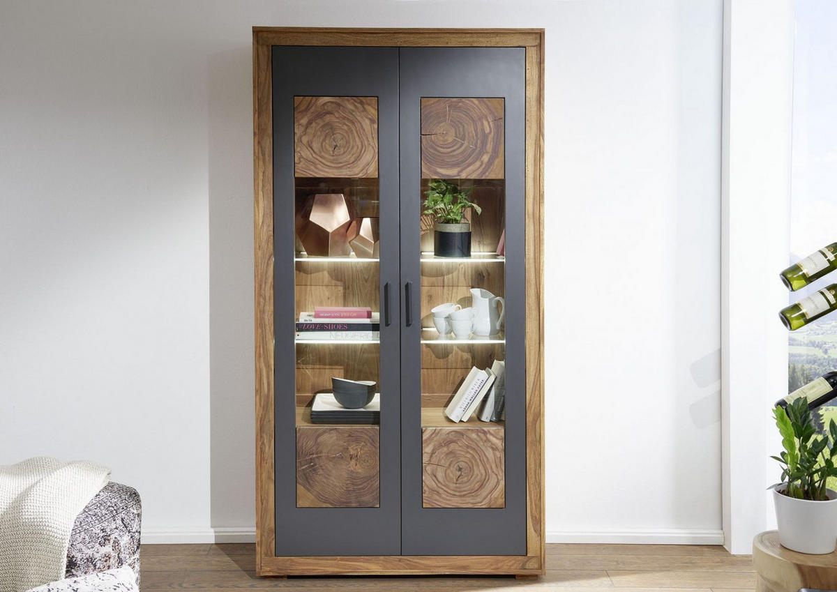 VITRINE Sheesham 103x40x201 gebeizt TURIN #05 - Braun, Holz (103/201/40cm) - Massivmoebel24