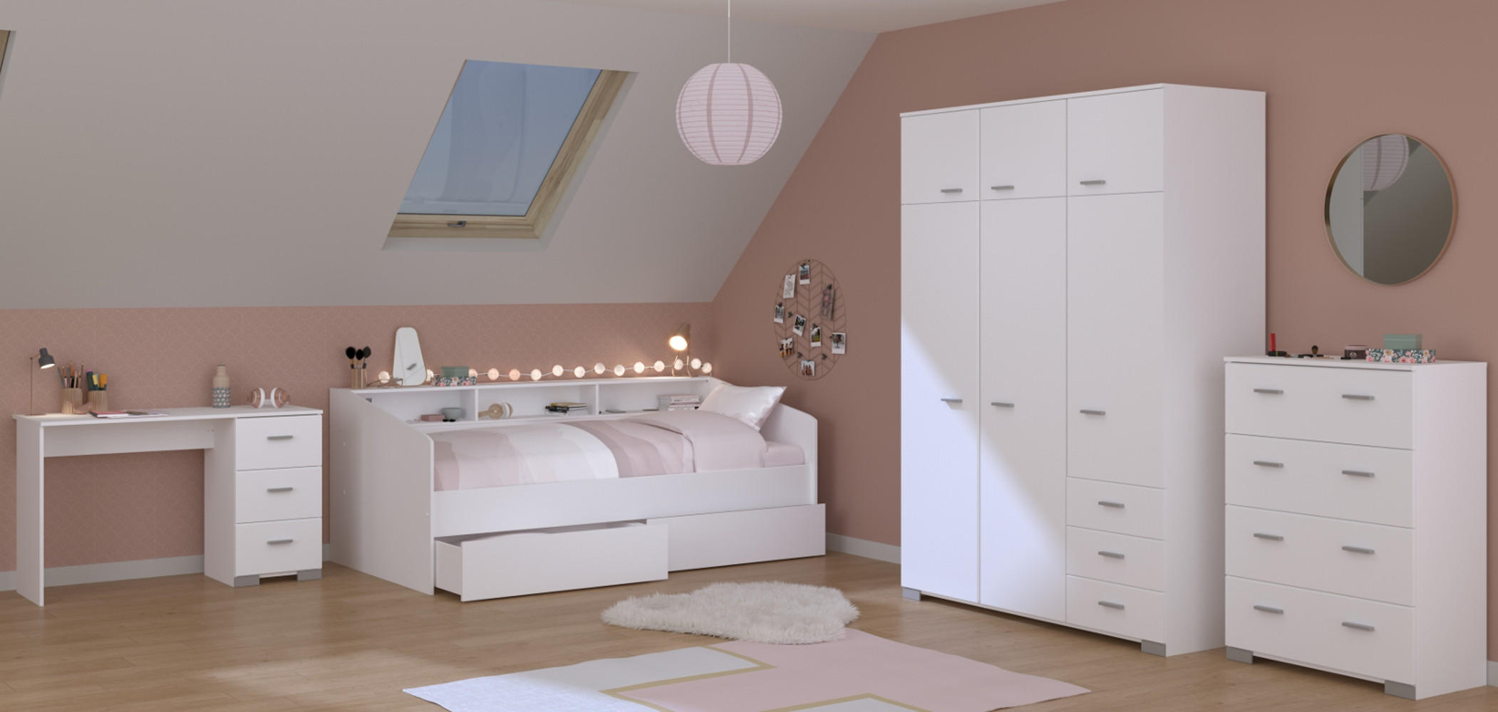 KINDERZIMMER Komplett-Set 4-tlg. weiß mit Stauraumbett 90x200 - Silberfarben/Weiß, Holz/Holzwerkstoff (203/203/113cm) - Parisot Meuble