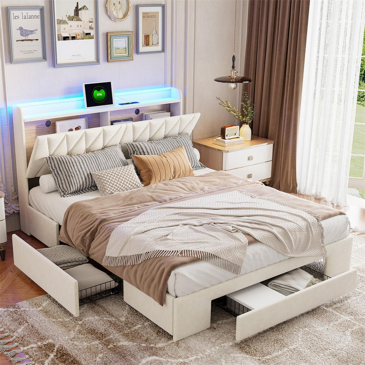 POLSTERBETT 160x200 cm mit aufklappbarem Stauraumkopfteil - 3 Schubladen und LED-Beleuchtung - ohne Matratze - Beige - Beige, Textil (160/200cm) - DELFA