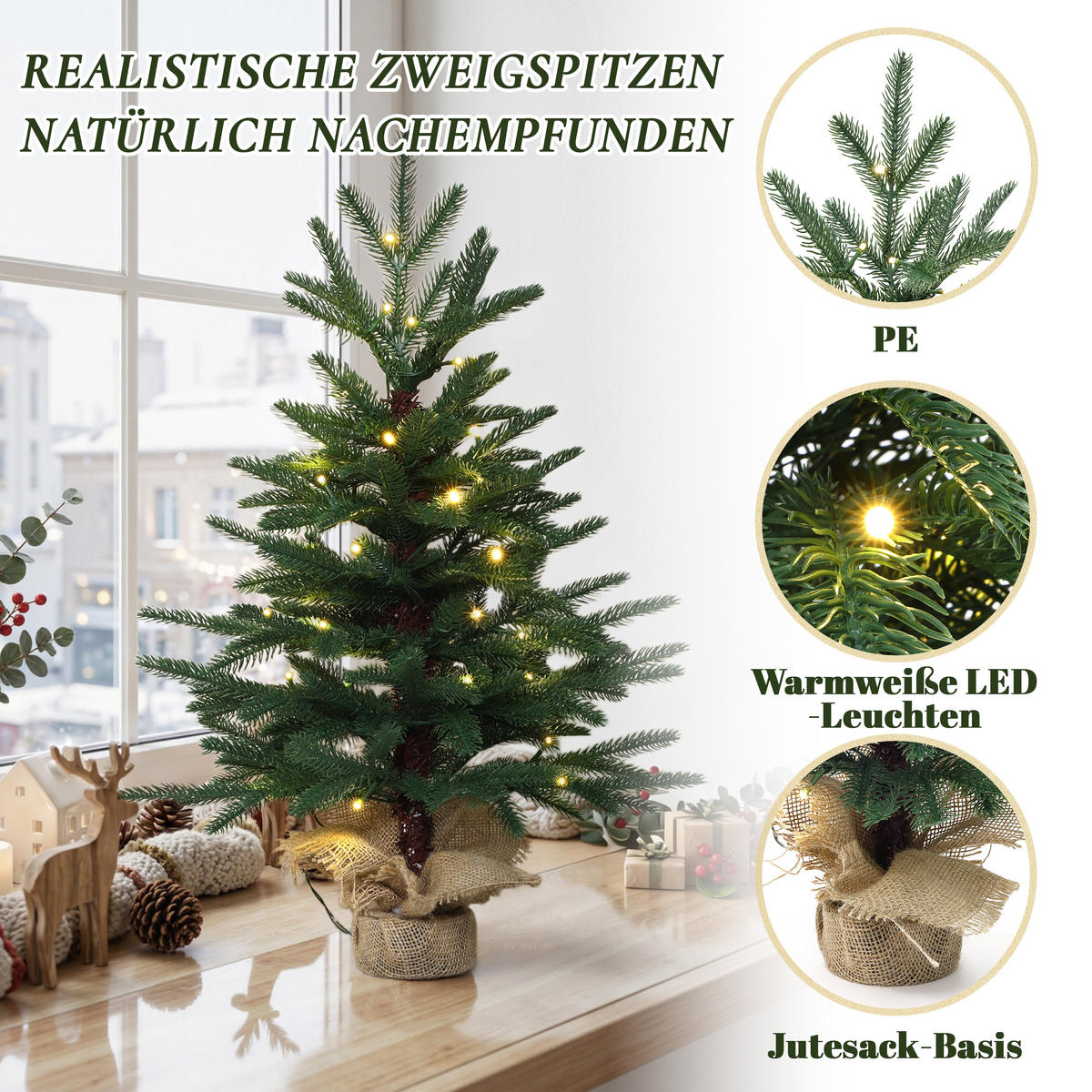 MINI Weihnachtsbaum 68 cm mit LED & Jutebasis - Grün, Kunststoff (43/68cm) - Hometopia