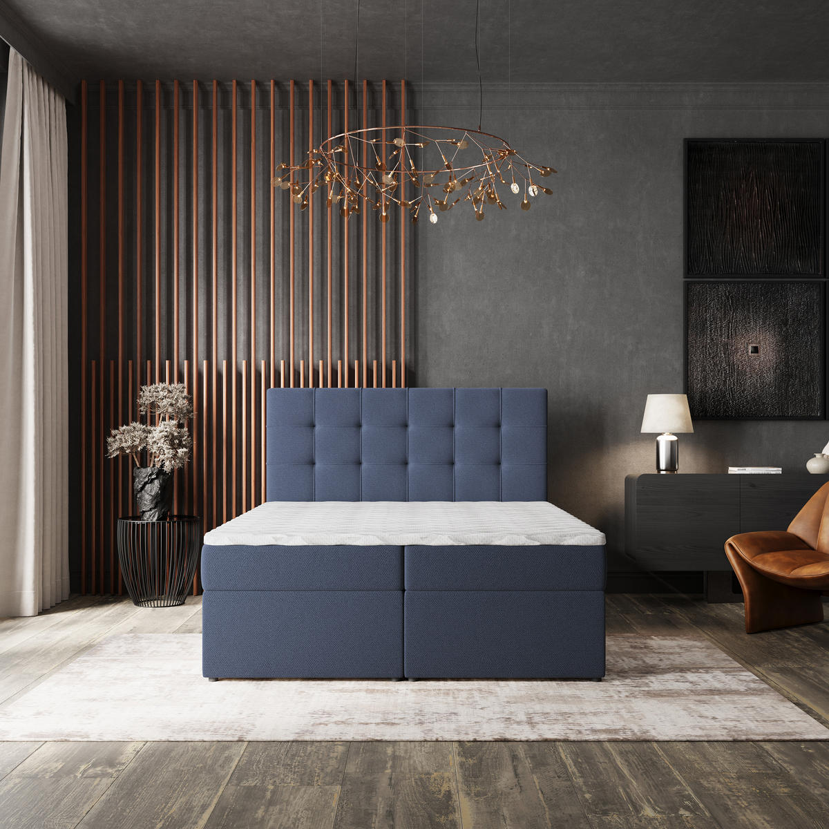 BOXBETT PALMA 140x200 cm mit Matratze und Topper, H2+H3 - Blau - Blau, Holz (140/200cm) - MASSENO