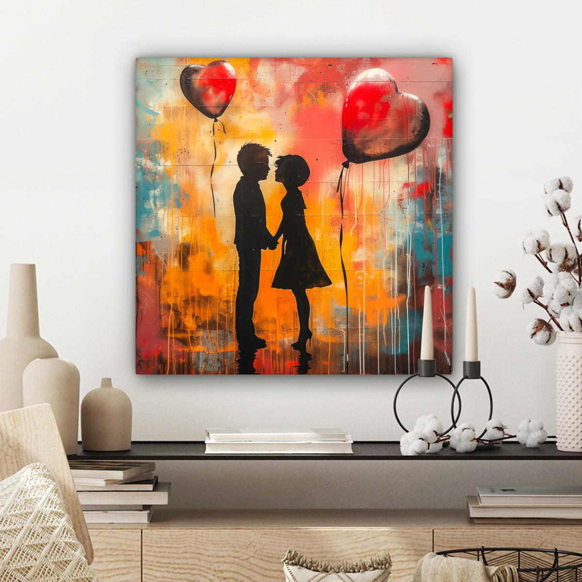 LEINWANDBILD Straßenkunst - Liebe - Graffiti - Kunst - Banksy 50x50 cm - Orange, Textil (50/50cm) - MuchoWow