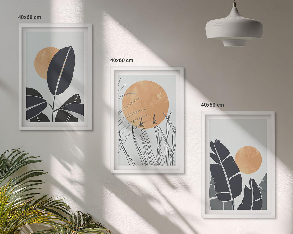 WANDBILDER 3er-Set - 40x60 cm Weißer Rahmen - Pflanzenmuster große Sonnen minimalistisch - Weiß, Kunststoff (40/60cm) - ArtPrintCave