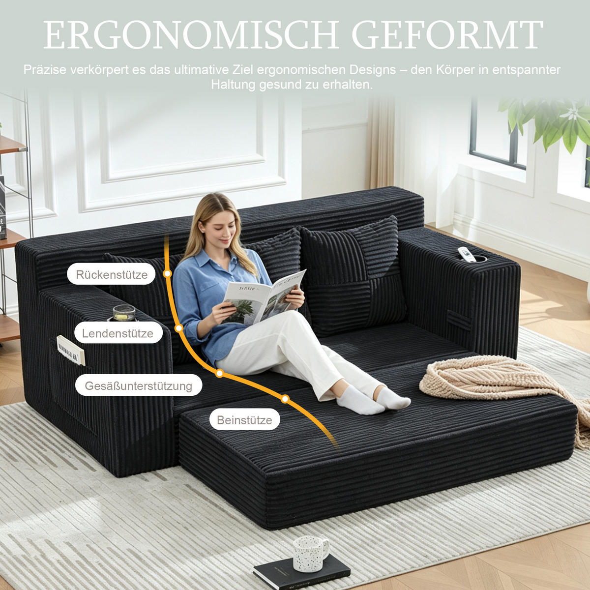 2-SITZER Bodensofa ausklappbar, Getränkehalter/Seitentaschen, Cord, Schwarz - Schwarz, Textil (172/64/87cm) - LVHOM
