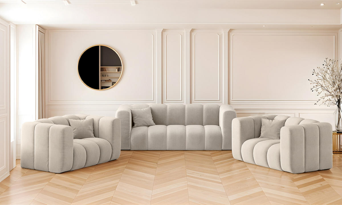 SOFAGARNITUR 2+1+1 Serie Grand Stilvol, Stoff Salvador Salvador Hellgrau - Ecru, Holz (91/70/197cm) - Kaiser Möbel