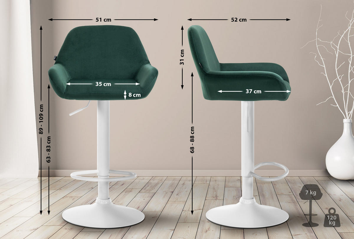 BARHOCKER 2er Set Samt Dunkelgrün - Dunkelgrün/Weiß, Textil/Metall (51/89/52cm) - CLP