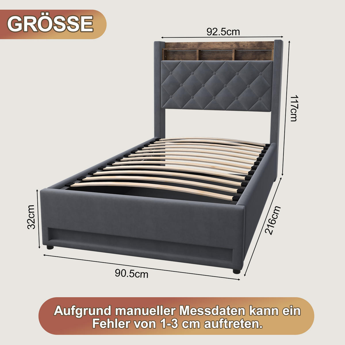 POLSTERBETT 90/200 cm in Grau, Samt, mit Bettkasten, USB, LED, ohne Matratze - Grau, Holzwerkstoff/Textil (90/200cm) - WISHDOR