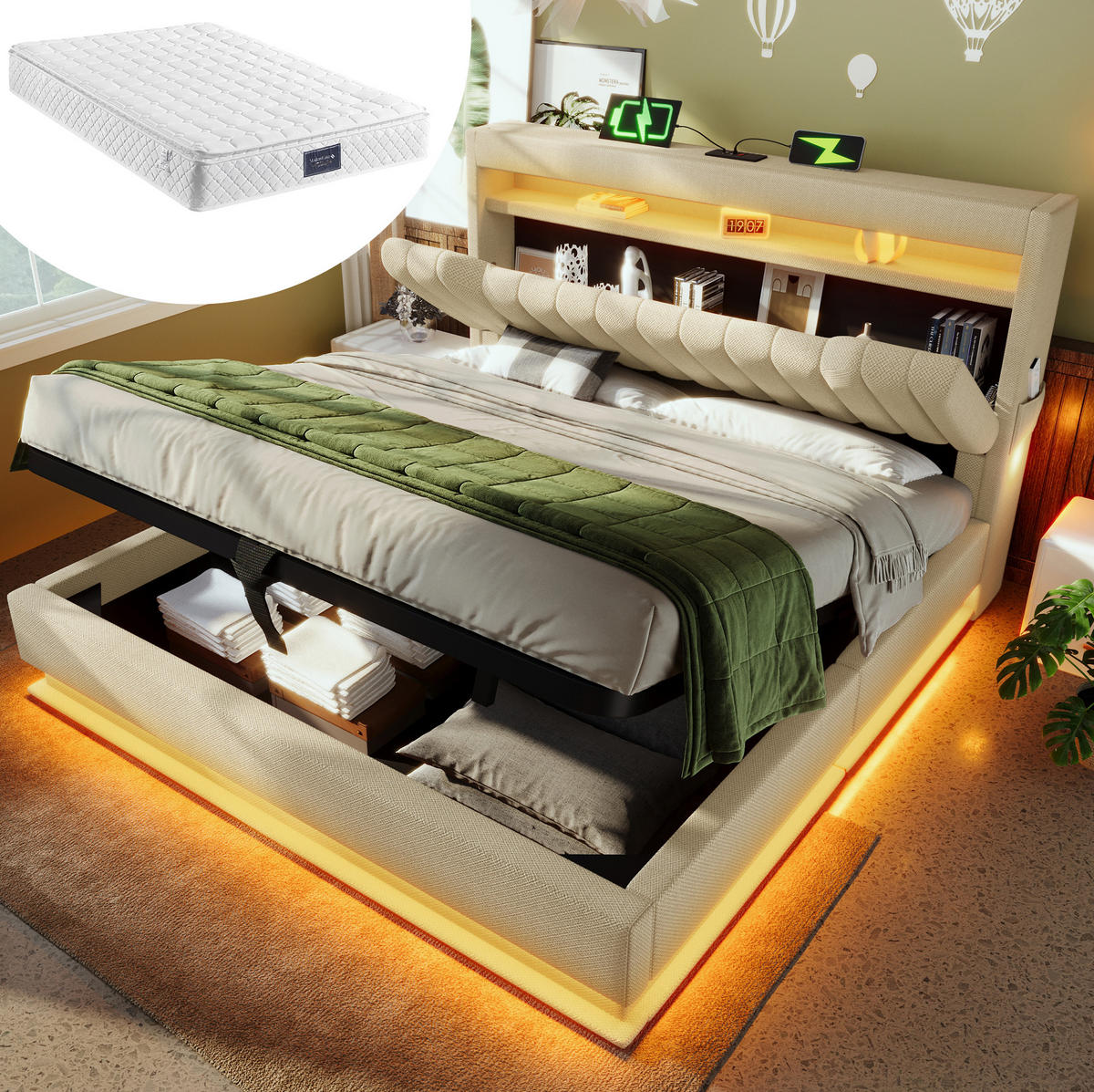 ČALÚNENÁ posteľ z ľanovej tkaniny 160x200 cm béžová s LED, USB, Type-C, úložným priestorom a matracom - béžová, textil (160/200cm) - Modfu