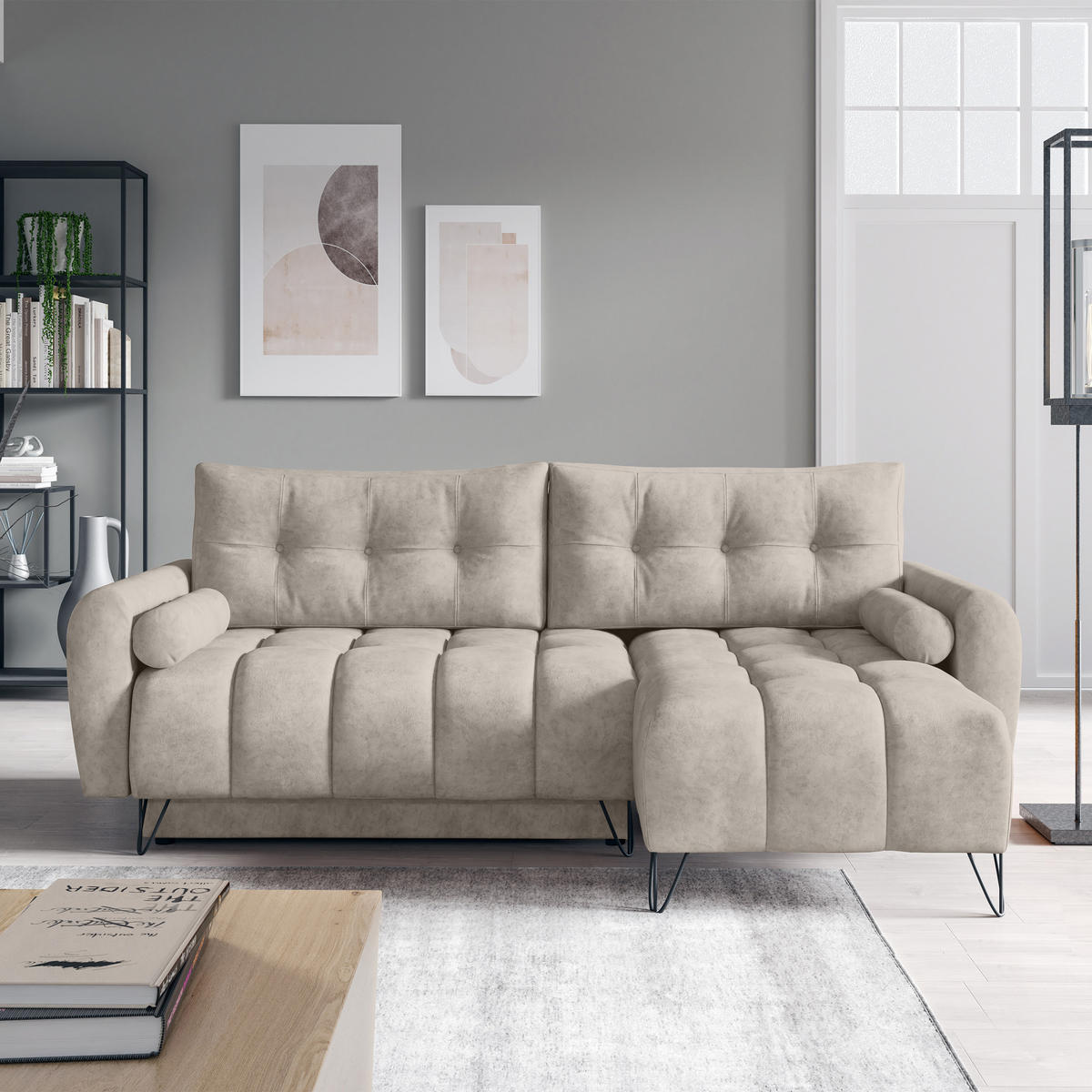 ECKSCHLAFSOFA Malaga Mini universeller Ottomane, Beige - Beige/Schwarz, Textil (222/148cm) - Beautysofa