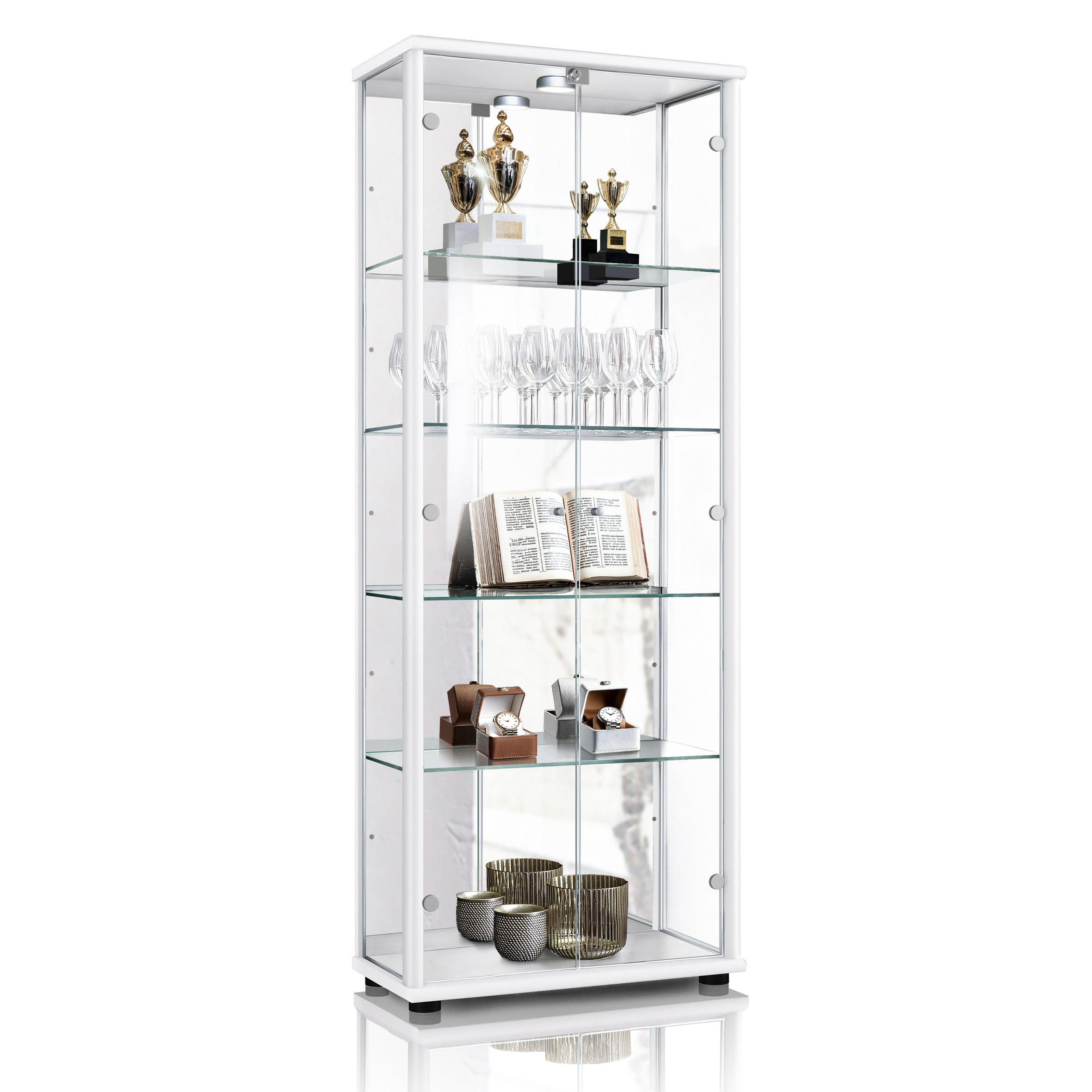 GLASVITRINE 33/67/176 cm mit Spiegel, LED, Schloss & 4 höhenverstellbaren Glasböden - Transparent/Silberfarben, Glas/Holzwerkstoff (67/176/33cm) - K-Möbel
