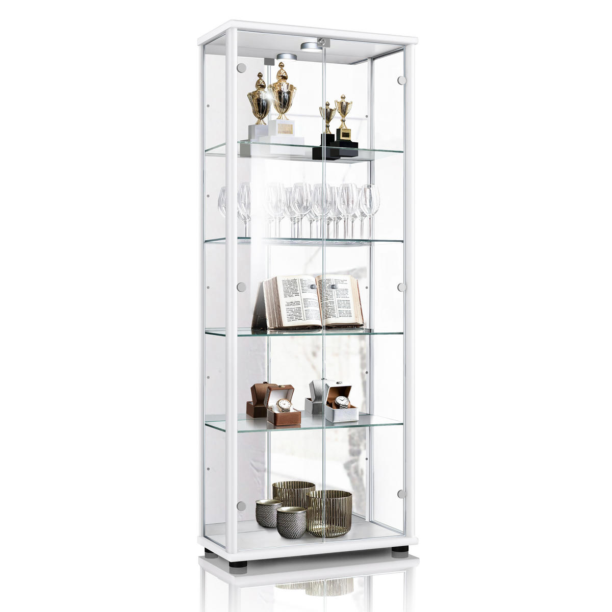 GLASVITRINE 33/67/176 cm mit Spiegel, LED, Schloss & 4 höhenverstellbaren Glasböden - Transparent/Silberfarben, Glas/Holzwerkstoff (67/176/33cm) - K-Möbel