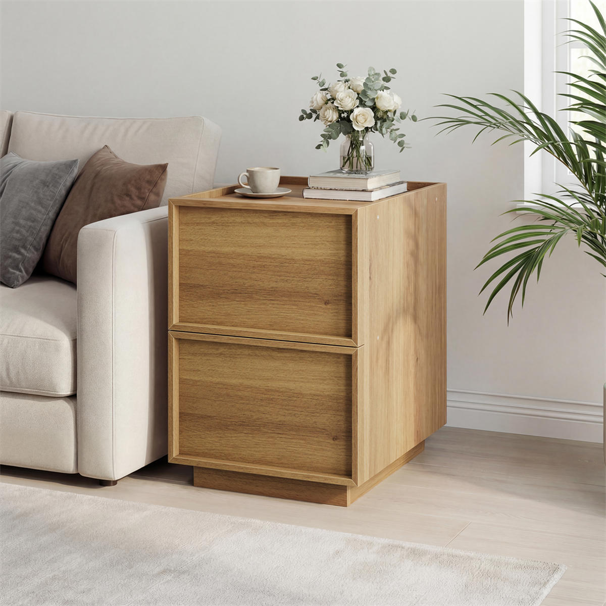 NACHTTISCH 38x48x54 cm - Eichen-Optik mit 2 grifflosen Schubladen - für Schlafzimmer und Wohnzimmer - Eichefarben, Holzwerkstoff (38/54/48cm) - DELFA