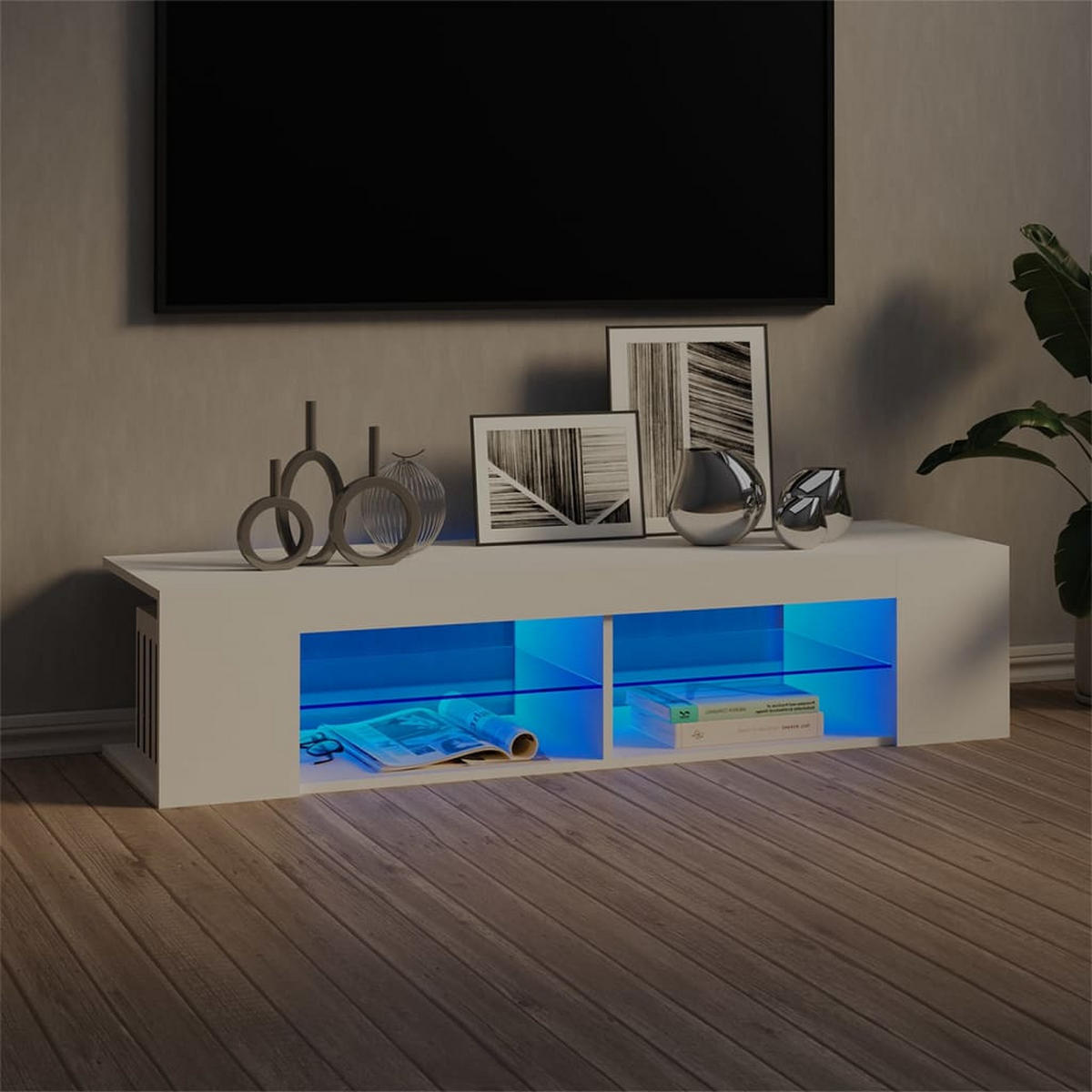 LOWBOARD mit LED und 2 Glasablagen, 135/39/30 cm, aus Holzwerkstoff, in Weiß - Weiß, Holz (135/30/39cm) - vidaXL