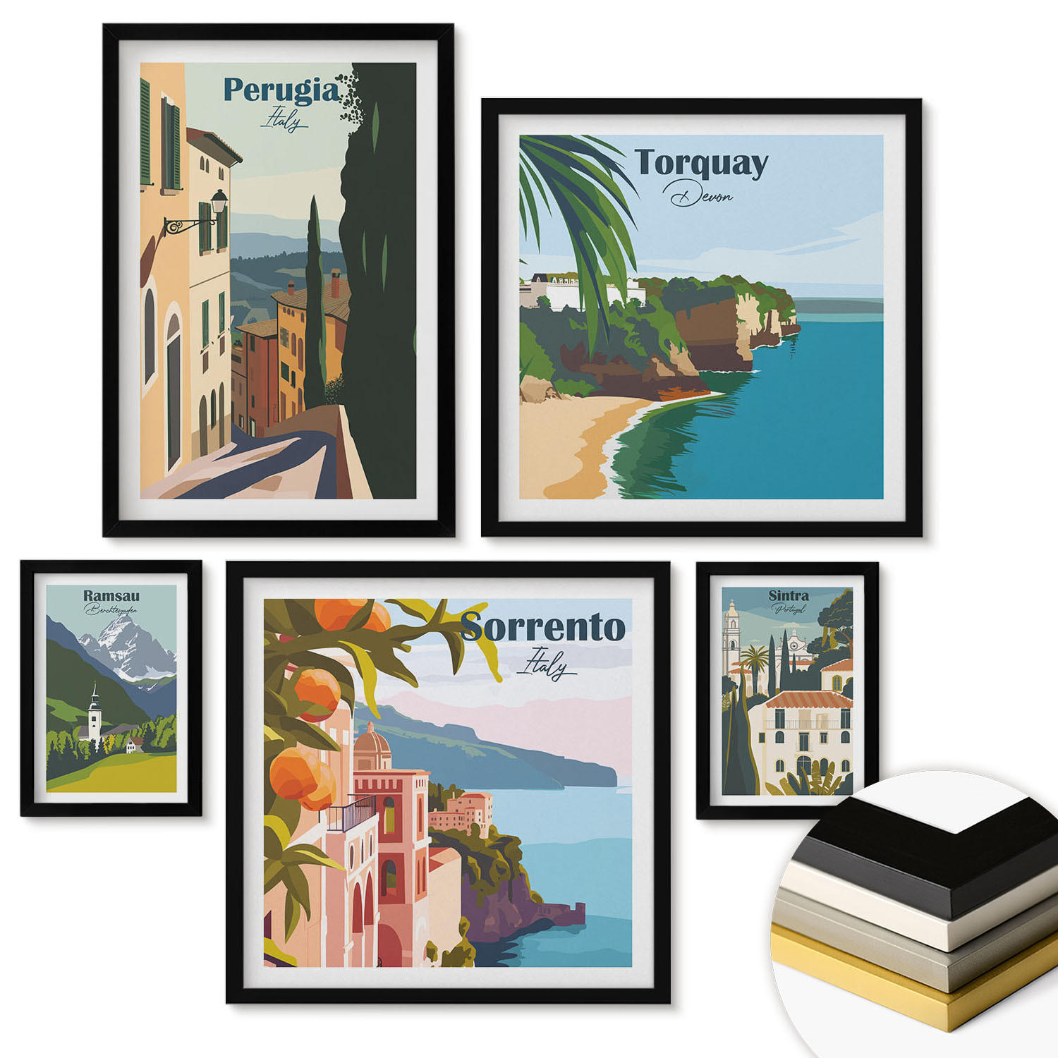 WANDBILDER 5er-Set - 50x50 cm & 20x30 cm & 40x60 cm Schwarzer Rahmen - Ansichten europäischer Häfen - Schwarz, Kunststoff (40/60cm) - ArtPrintCave