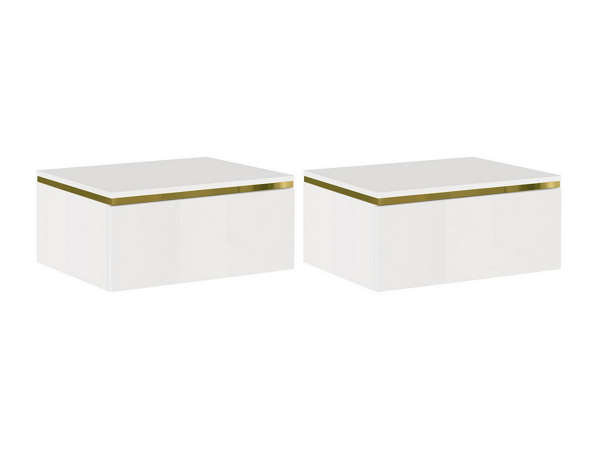 2ER-SET hängende Nachttische mit 1 Schublade - Hochglanz Weiß & Gold - VUKIA - Weiß, Holz (48.5/19.8/38.2cm) - Pascal Morabito