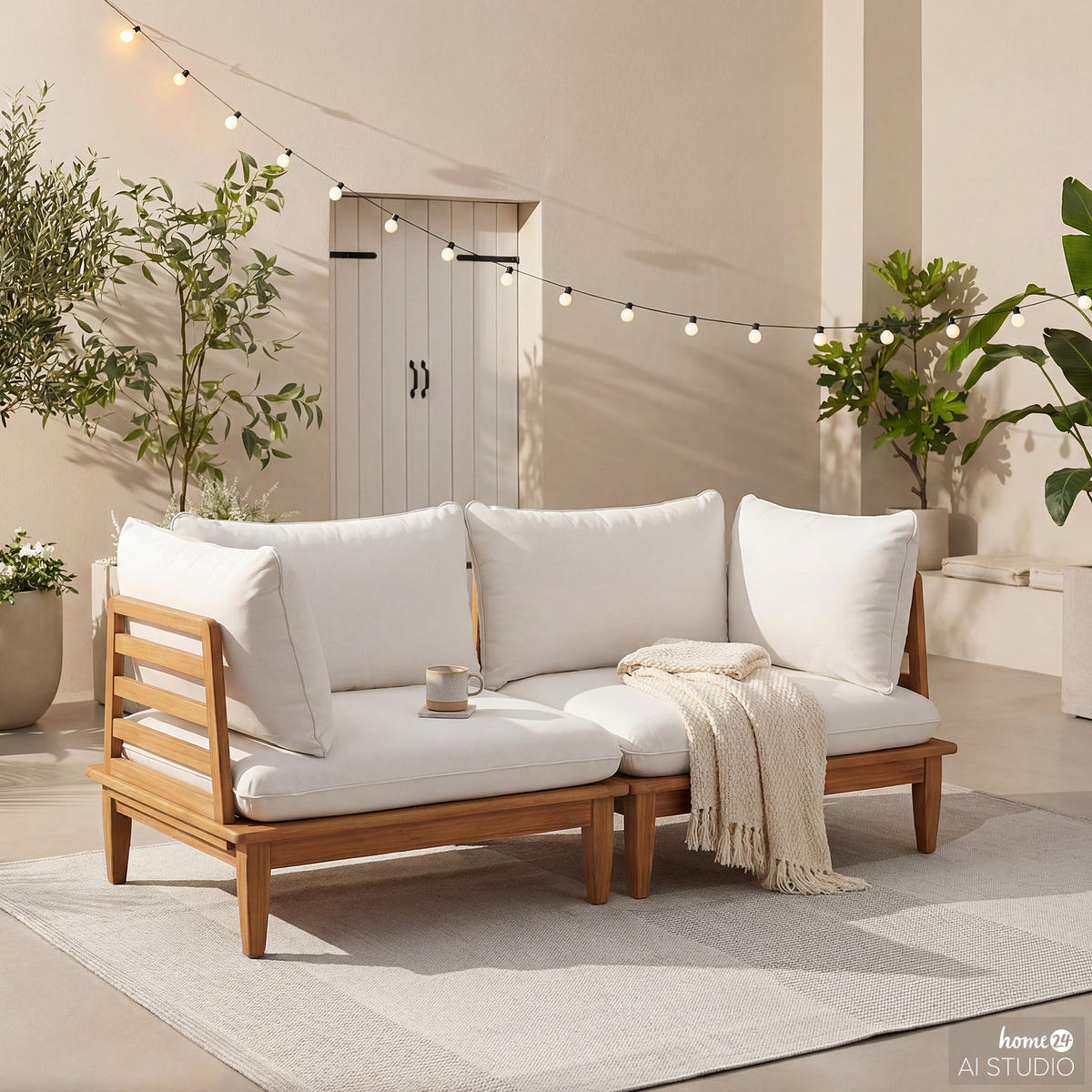 LOUNGEGRUPPE - 2-teilig - Akazie massiv / Webstoff - Akazie Braun / Creme - Creme/Akaziefarben, Holz/Textil - home24