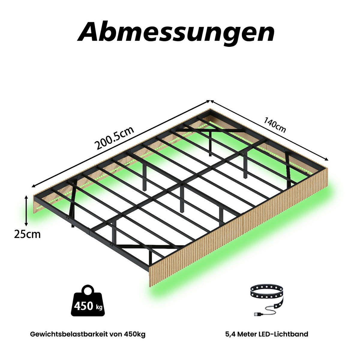 BETT 140/200 cm DE-33047 Schwebedesign mit LED-Licht Eiche - Naturfarben, Holzwerkstoff (140/200cm) - ComfortXL