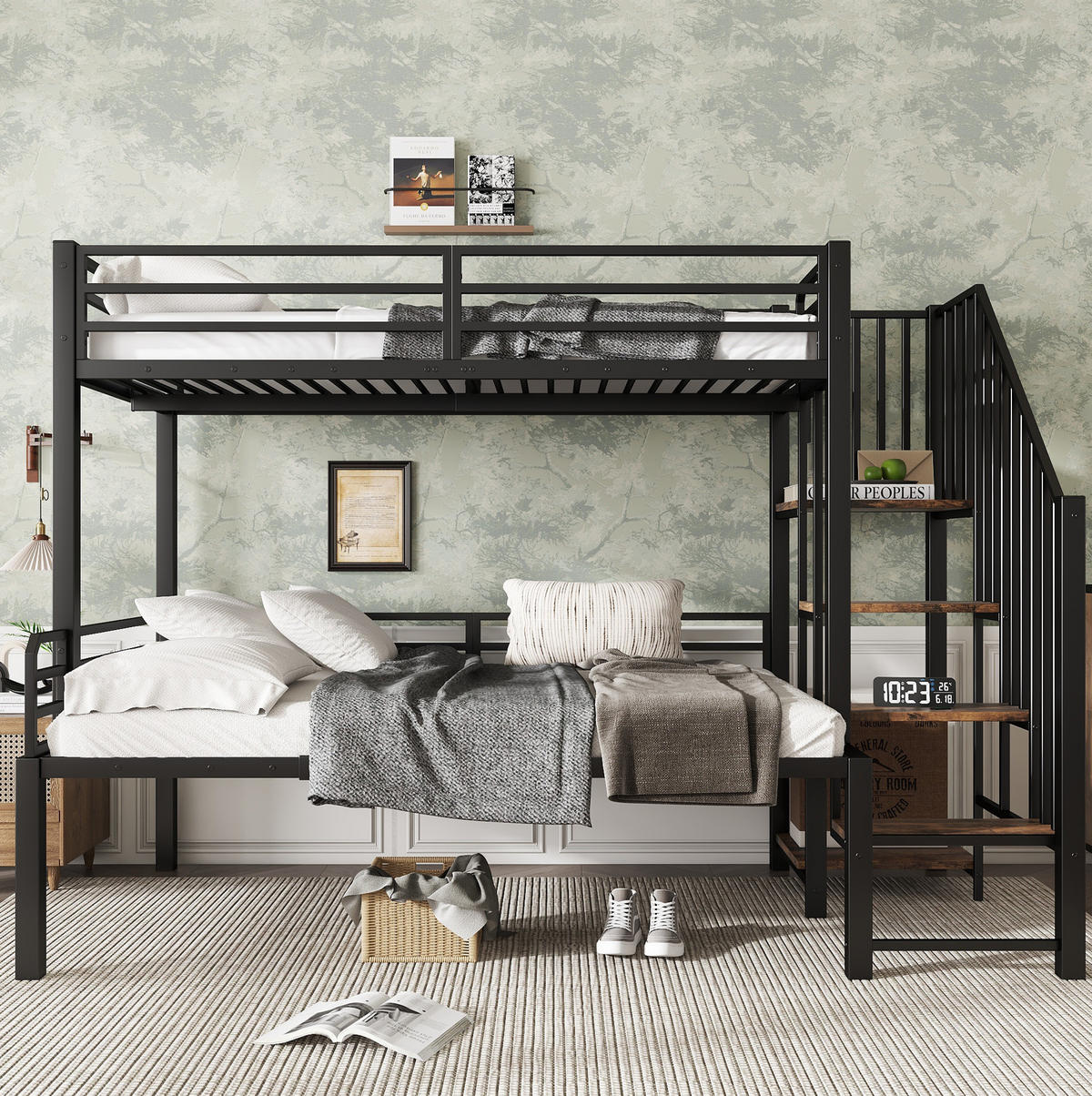 ETAGENBETT 90/120x200 cm aus Metall mit Eckleiter und Stauraum in Schwarz - Schwarz, Holzwerkstoff (90/200cm) - Flora Grace