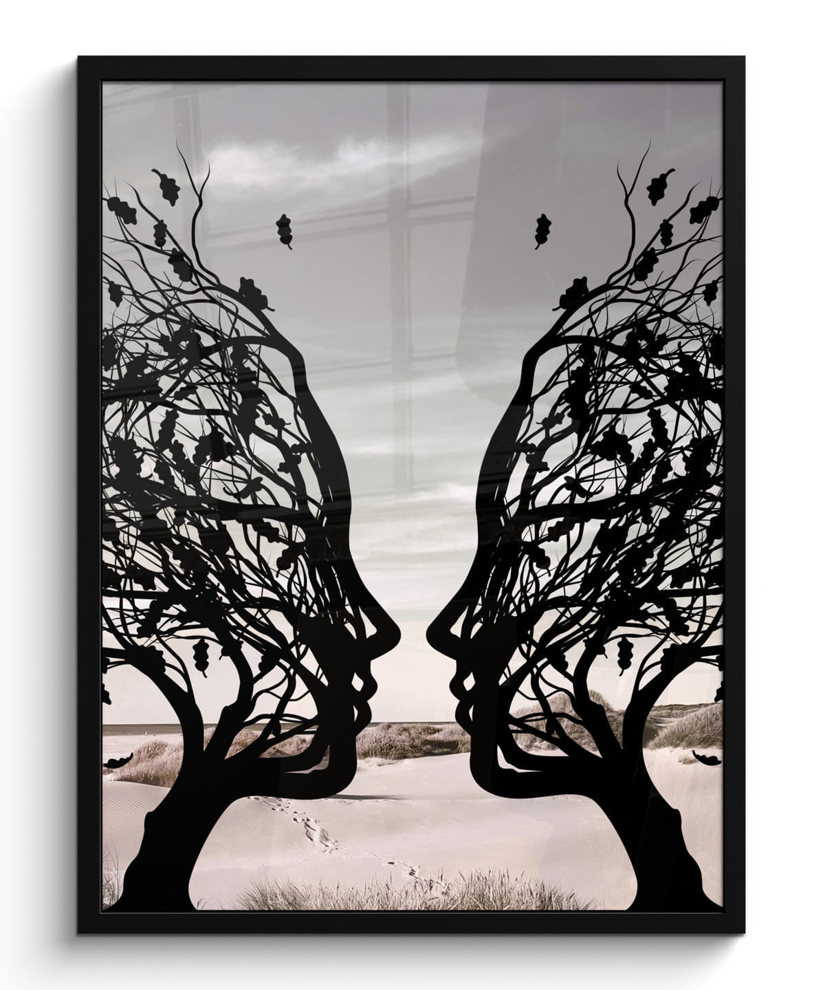 GERAHMTES BILD Strand - Meer - Menschen - Baum - Moderne Kunst 60x80 cm - Hellgrau, Papier (60/80cm) - MuchoWow