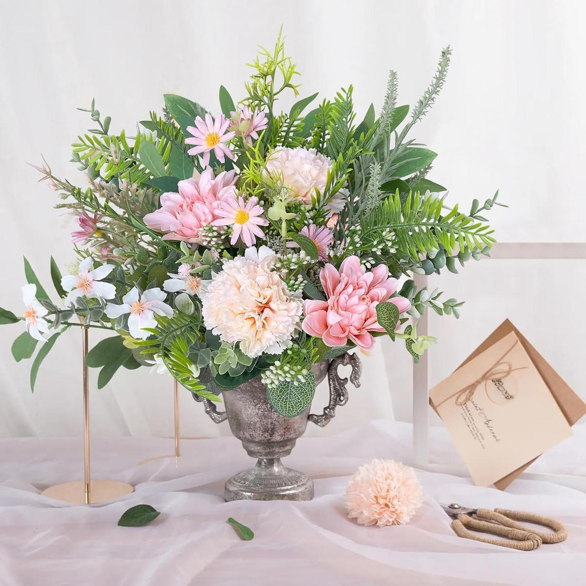 KÜNSTLICHER Blumenstrauß 55-teiliges Set Rosa Grün - Multicolor, Kunststoff (38cm)