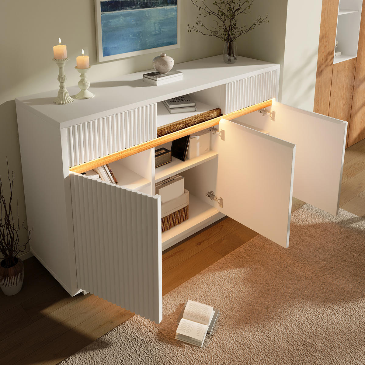 SIDEBOARD aus MDF und Spanplatte 140x40x85 cm Weiß mit LED-Beleuchtung, 2 Schubladen und verstellbaren Einlegeböden - Weiß, Holzwerkstoff (140/85/40cm) - Modfu