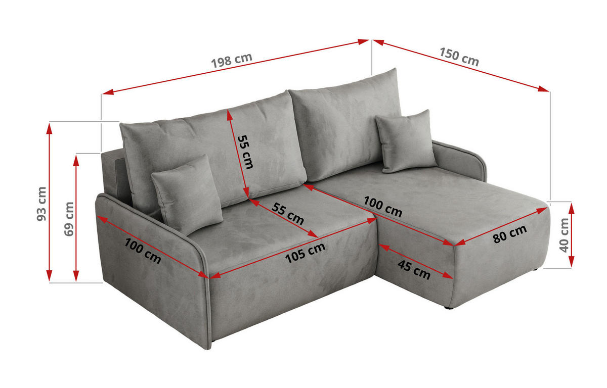 ECKSCHLAFSOFA ARPA L Hellgrau Velvet - links - Hellgrau/Schwarz, Kunststoff/Textil (198/150cm) - MKS