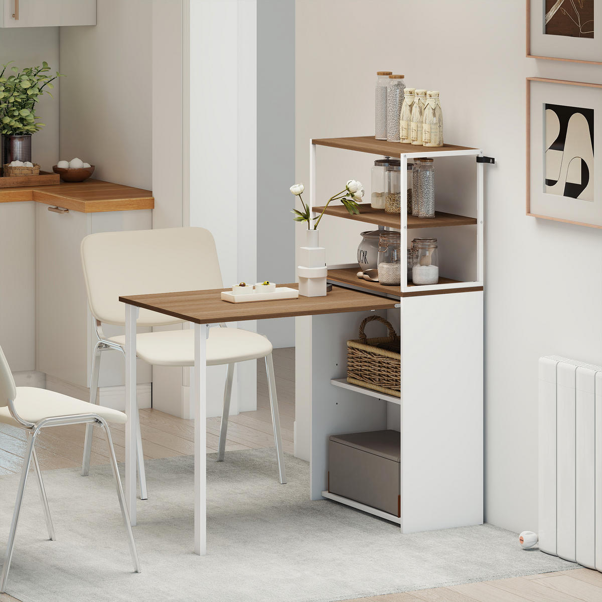 ECKSCHREIBTISCH DE-09135 mit 4 Regalfächern, klappbar Naturholz - Naturfarben, Metall (105/60/127cm) - ComfortXL