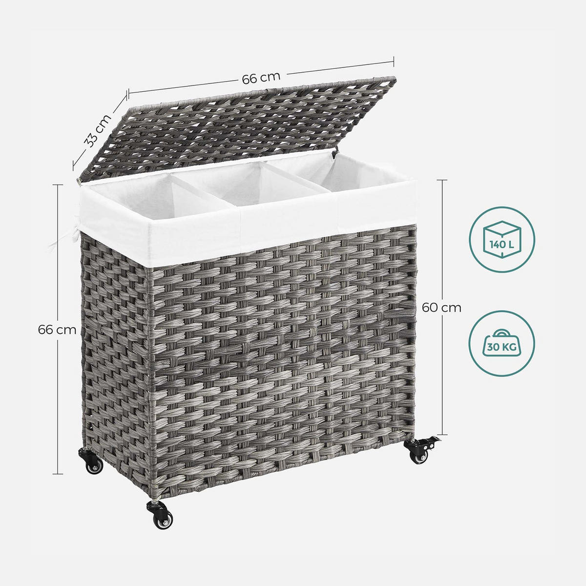 WÄSCHEKORB MIT ROLLEN - Grau, Kunststoff (33/60/66cm) - Hansiro