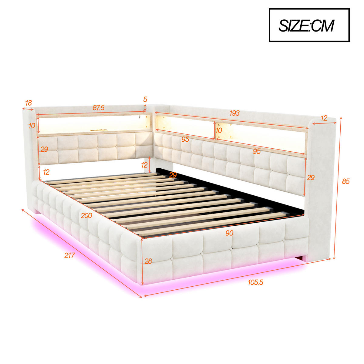 SCHLAFSOFA 90/200 cm in Beige Samt mit Bettkasten, Regal, LED und USB - Beige, Holzwerkstoff/Textil (90/200cm) - WISHDOR