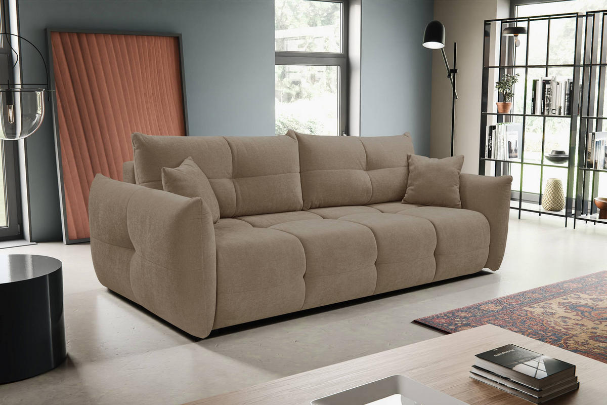 BETTSOFA MODA Beige Chenille-Stoff mit Schlaffunktion - Beige, Holz (245/86/110cm) - MASSENO