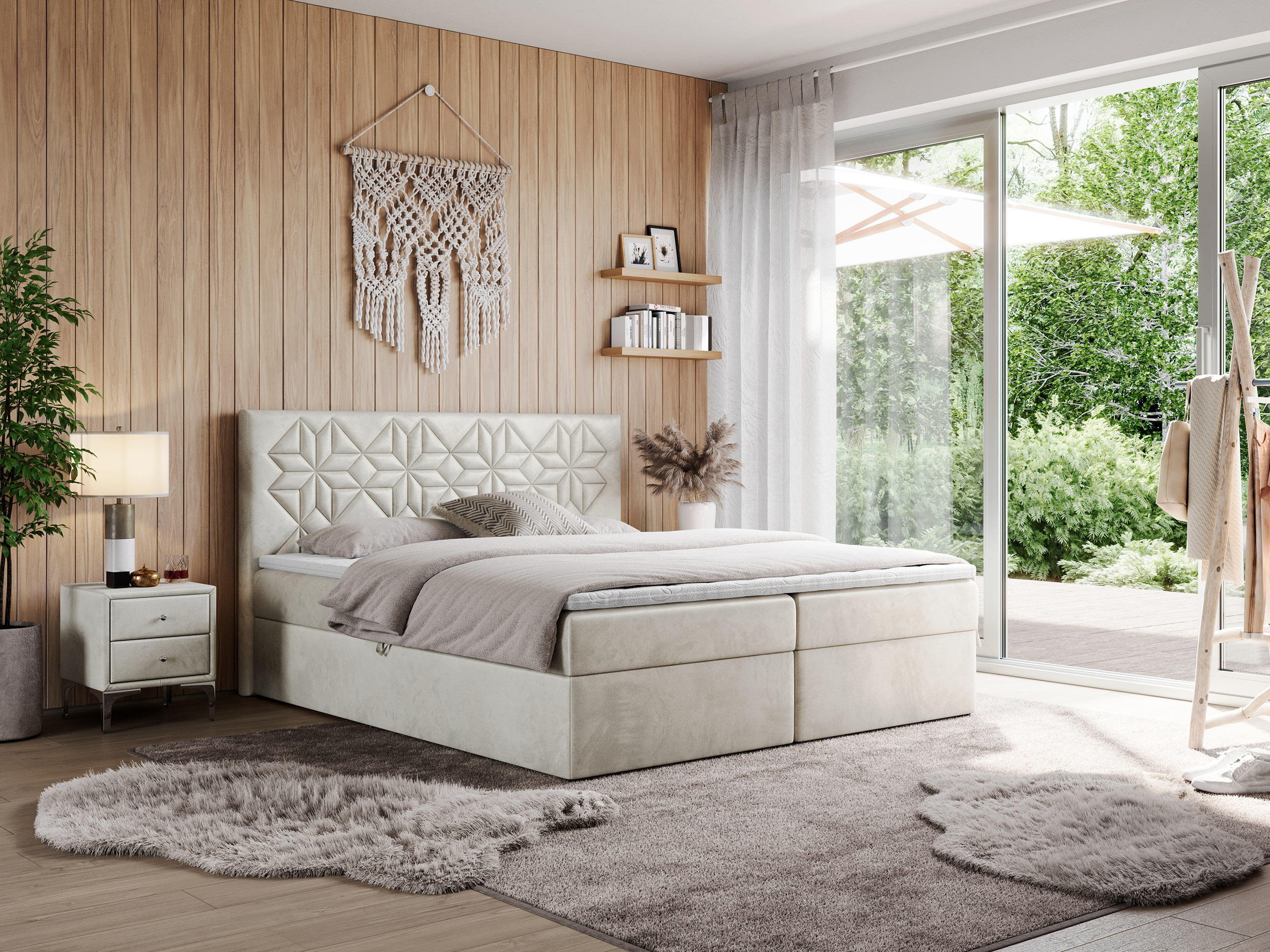 BOXBETT LEILA 140/200 Beige Velvet - H3 - Beige, Holz/Textil (140/200cm) - MKS