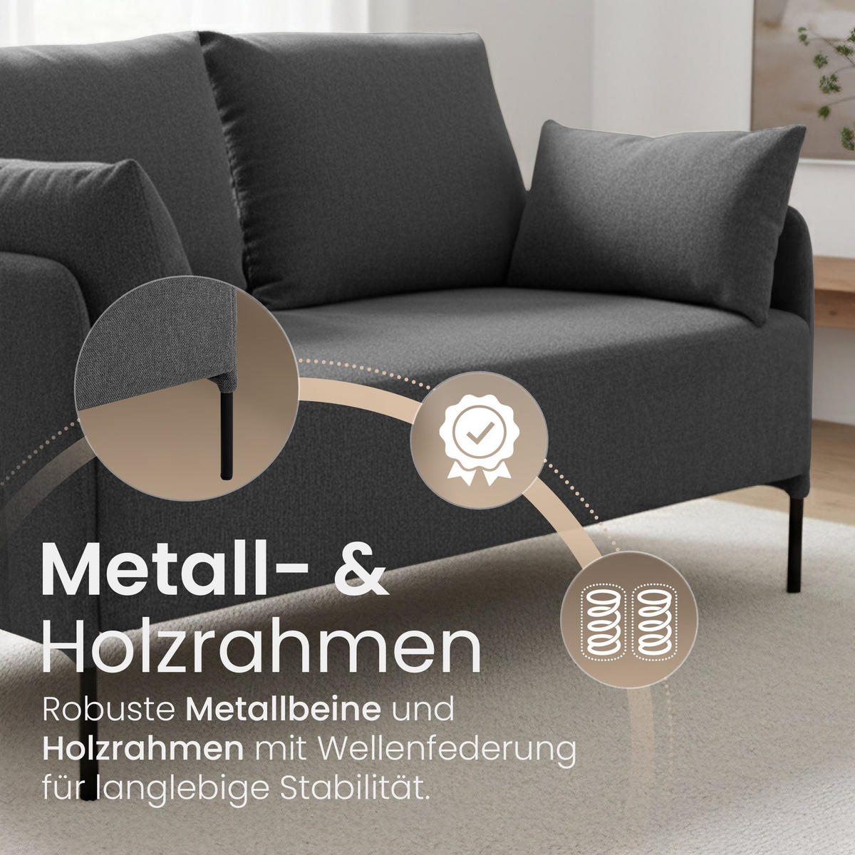 SOFA 131/79 cm Stoff Dunkelgrau - Dunkelgrau/Schwarz, Textil/Metall (131/79/79cm) - CLP