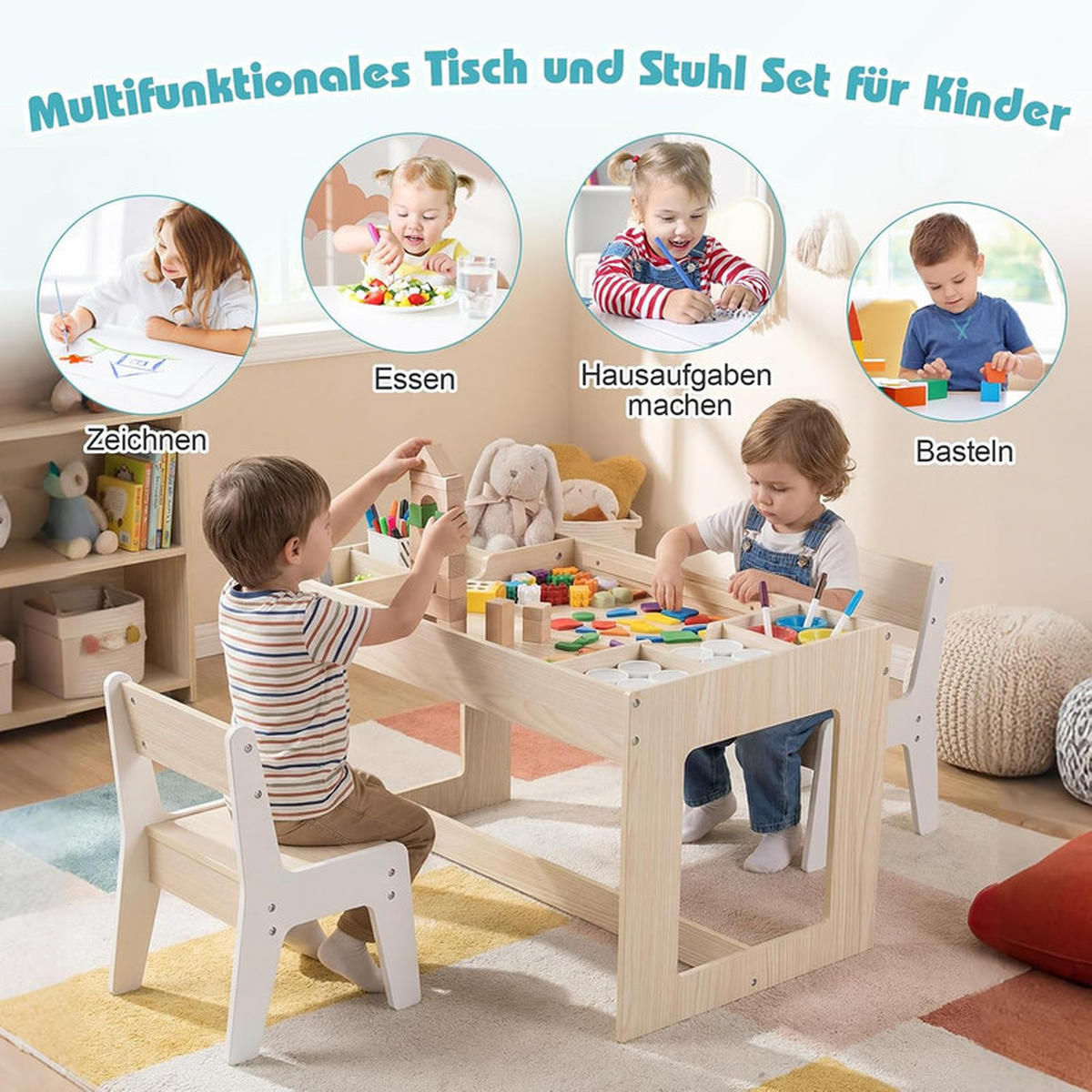 KINDERTISCH mit Stuhl natur(3-tlg) - Naturfarben, Holzwerkstoff (80/48/49cm) - COSTWAY