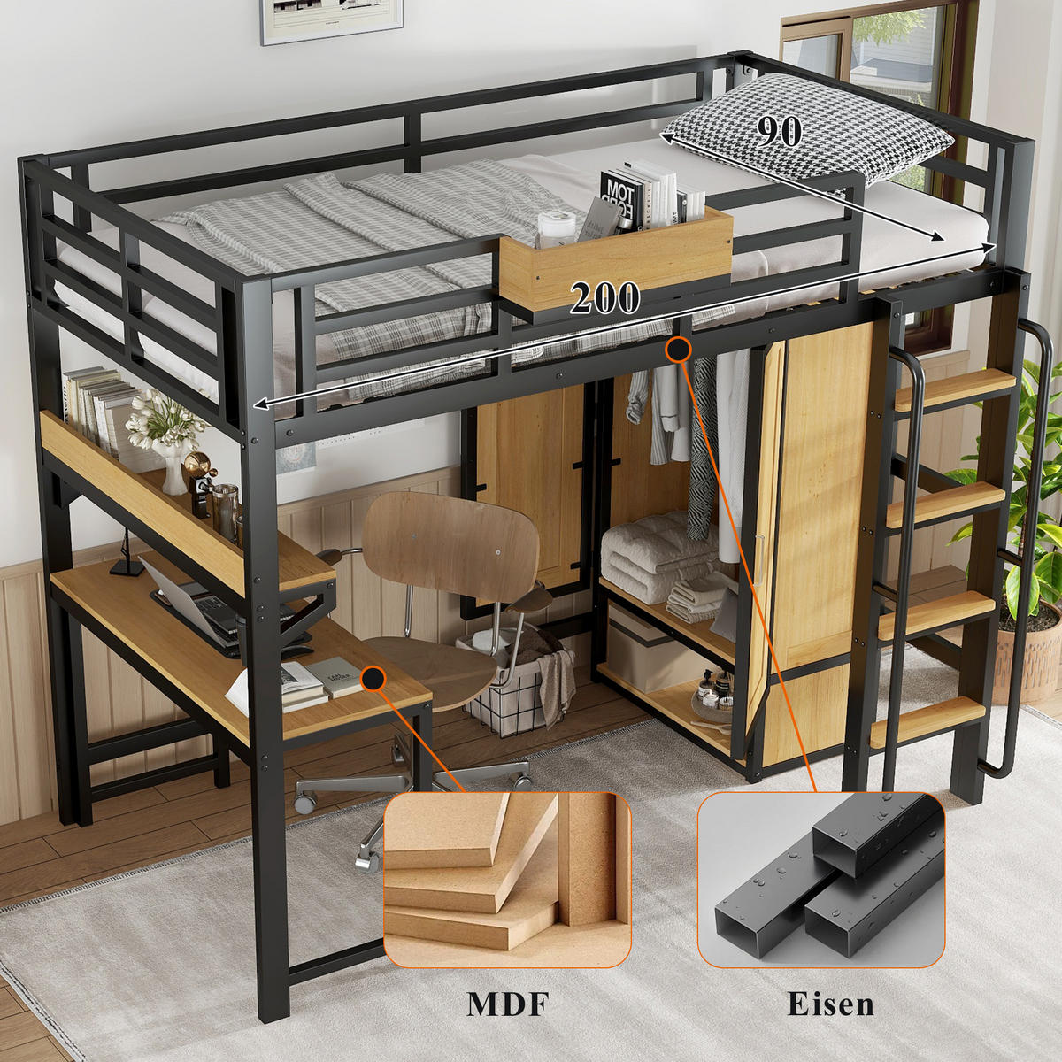 HOCHBETT 90/200 cm in Schwarz & Natur mit Kleiderschrank, Schreibtisch und Regal - Schwarz/Naturfarben, Holzwerkstoff/Metall (90/200cm) - CHICFURN
