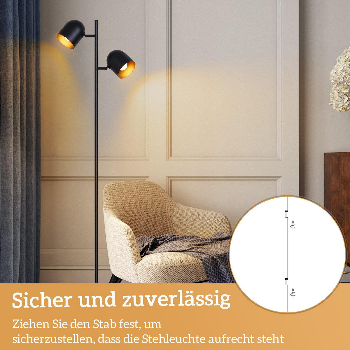 STEHLAMPE Zyxqa 22.0/145.0/35.0 cm - Schwarz, Metall (35/22/145cm) - ZMH