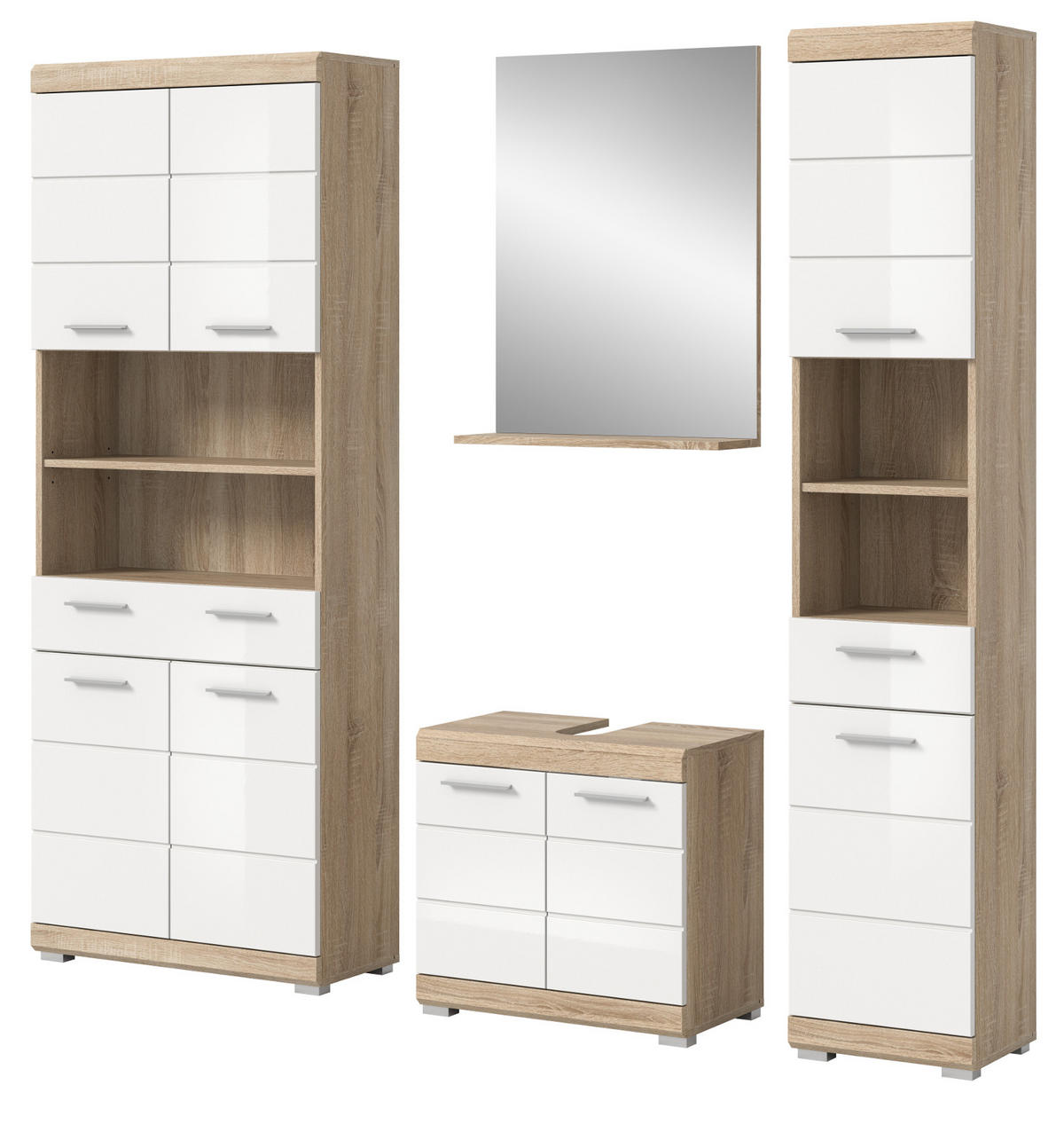 BADMÖBEL-SET weiß Hochglanz, Eiche 4-teilig 186 cm, viel Stauraum - Weiß Hochglanz/Eichefarben, Holzwerkstoff (186/191/34cm) - Inn.Furn