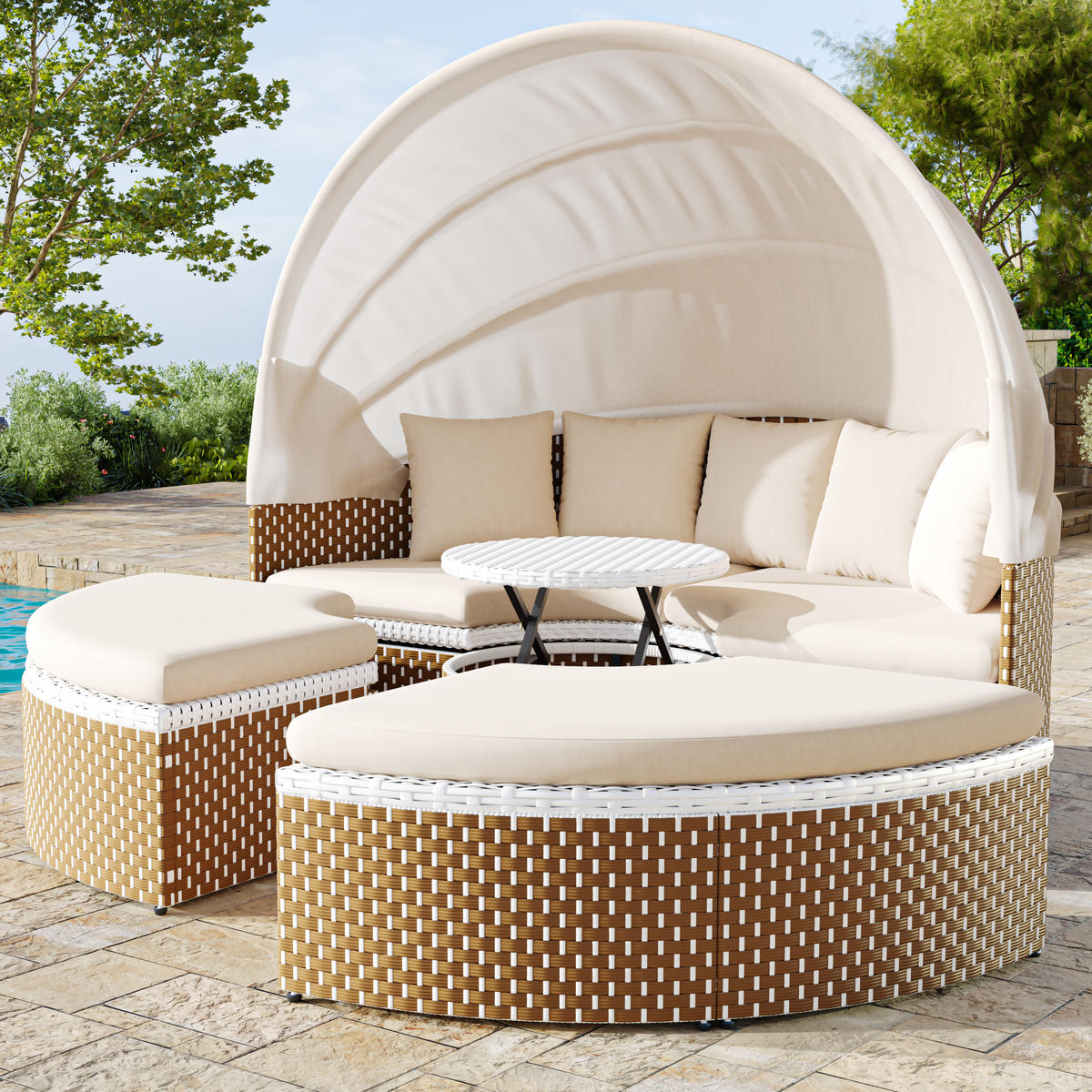GARTENMUSCHEL aus Rattan & Metall Ø170 cm in Beige mit faltbarem Sonnenschutz - Beige, Metall (170/72/170cm) - Modfu