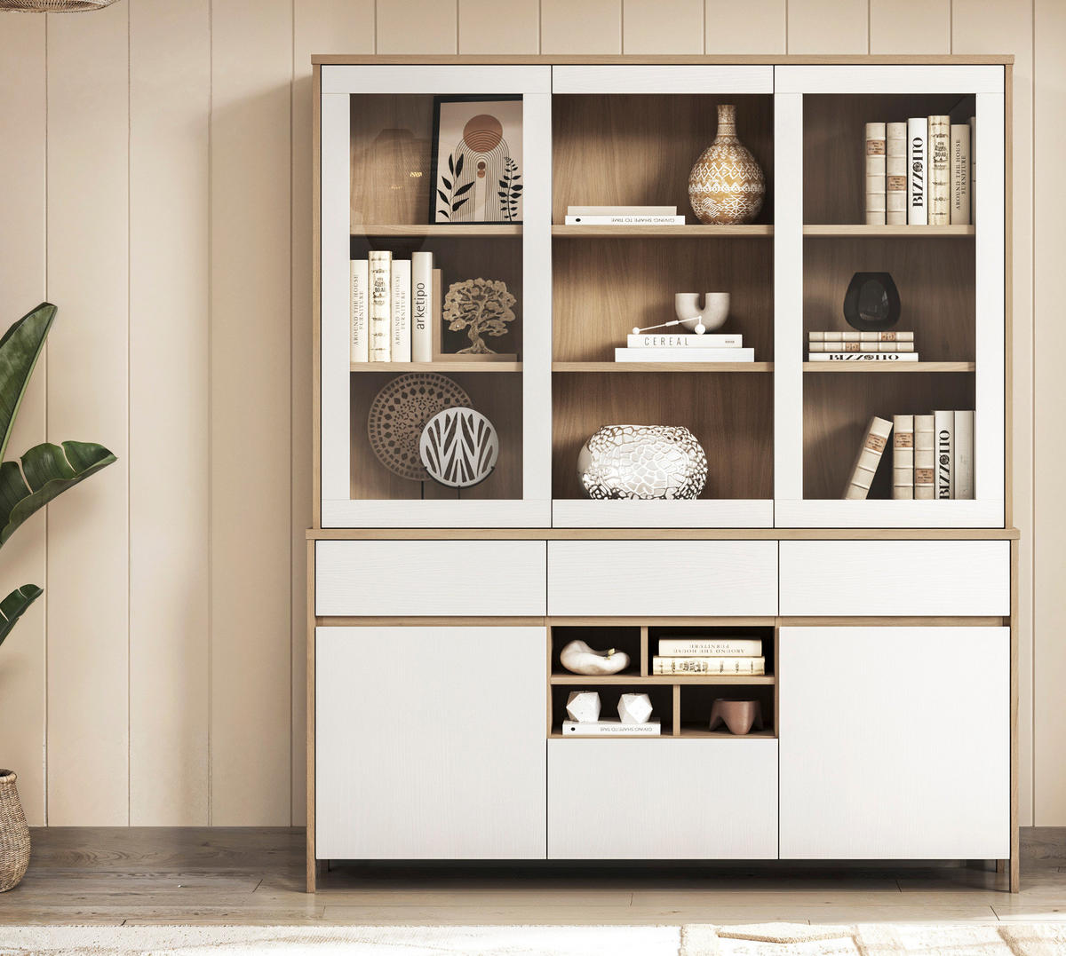 BUFFET weiß, Eiche, Buffetschrank skandinavisch 164 cm mit Soft-Close, Finnes - Eichefarben/Weiß, Glas/Holzwerkstoff (164/195/39cm) - Furn.Design