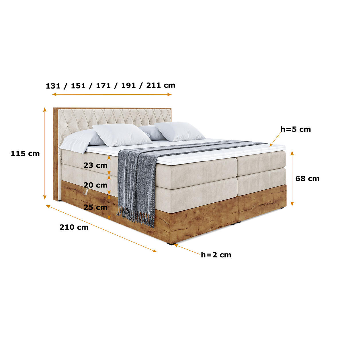 BOXSPRINGBETT mit Matratze H3|H4 und Lattenrost - LOLLI5 KING-160x200 - Beige Casablanca - Beige, Holzwerkstoff (160/200cm) - ALTDECOR