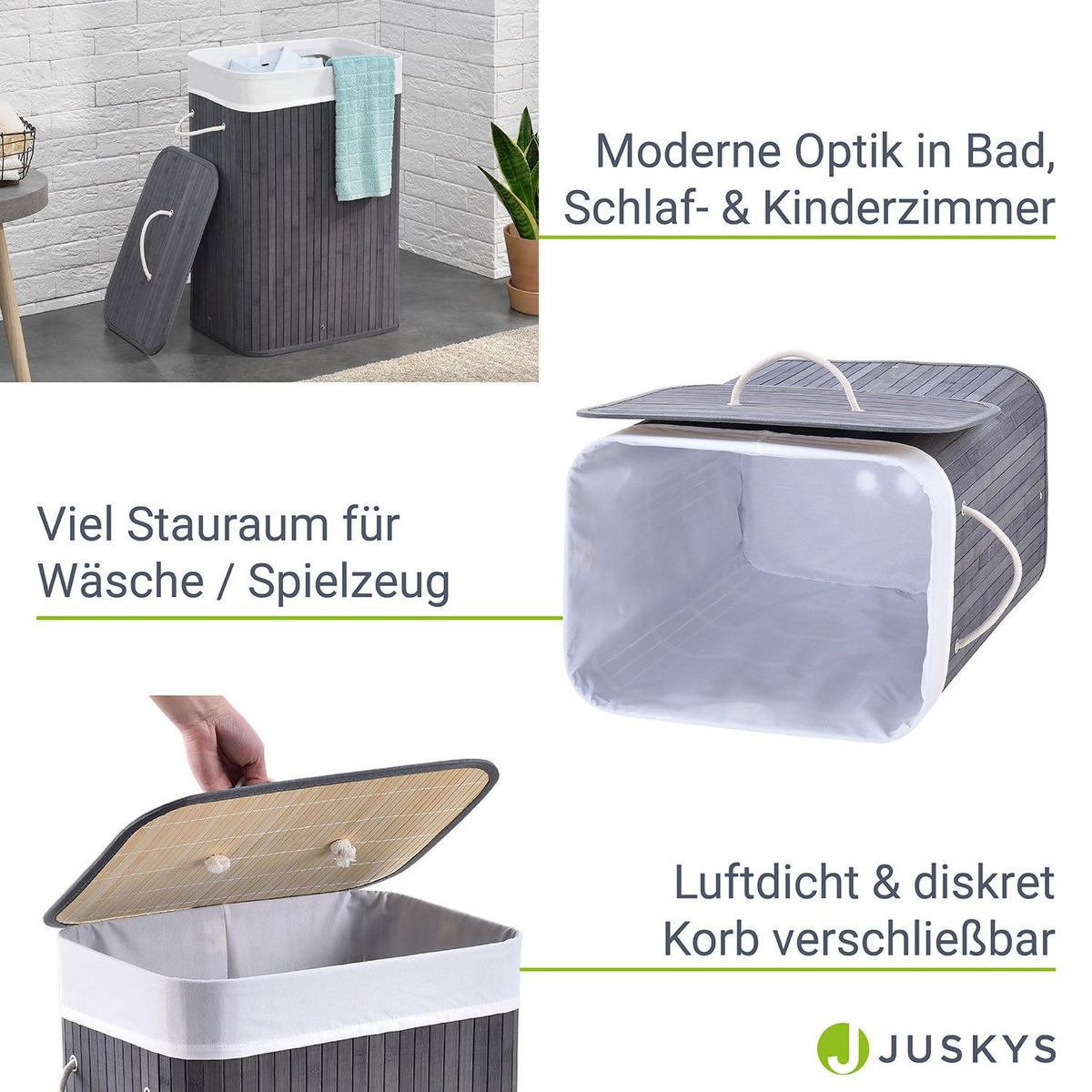 WÄSCHEKORB Curly 72 L grau - Grau, Holz (40/60/30cm) - Juskys