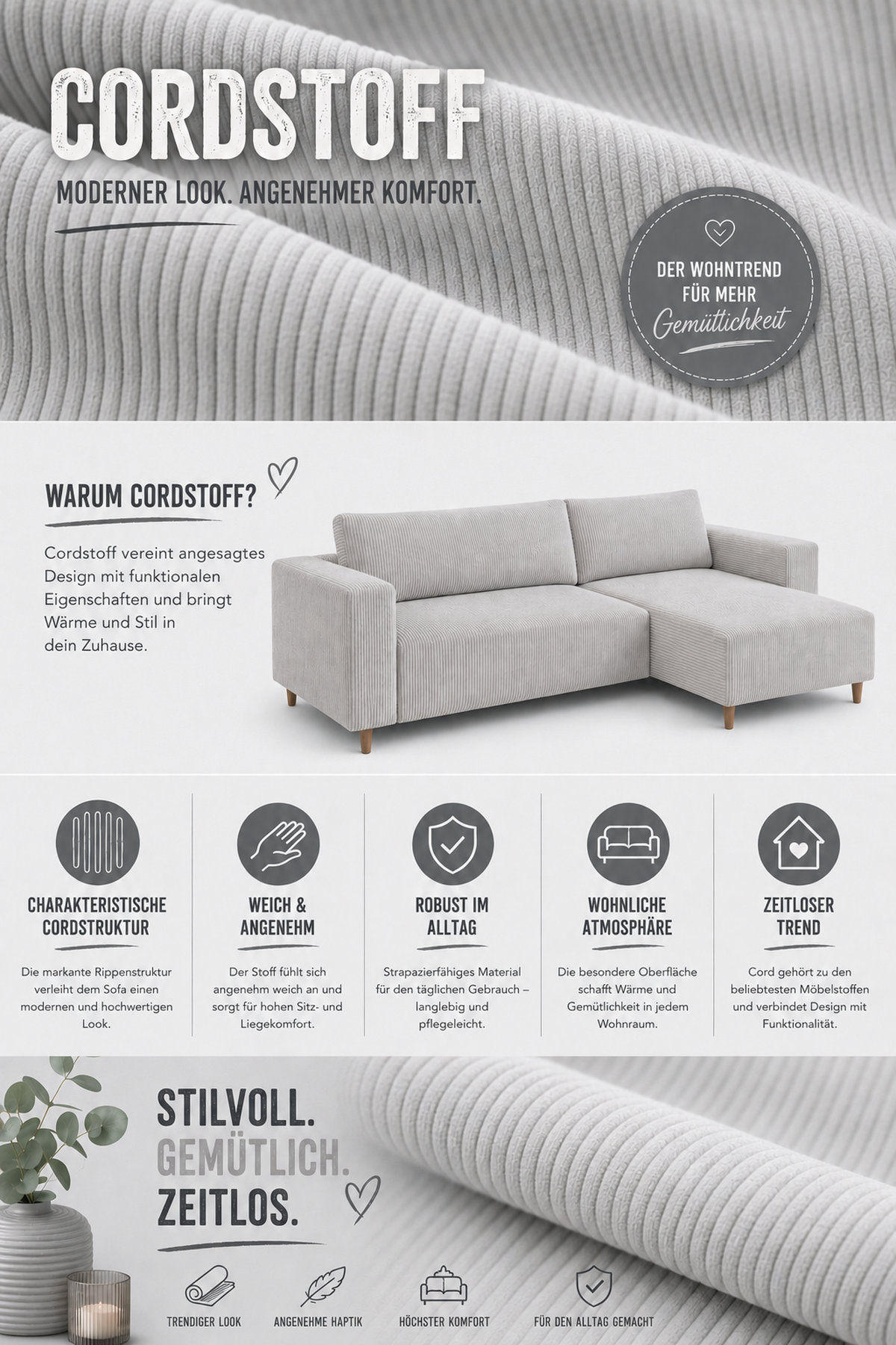 ECKSOFA mit Schlaffunktion und Bettkasten Rio, Ecksofa Cordstoff Hellgrau, Ottomane Universal, 249x142 cm - Hellgrau, Textil (249/142cm) - Marpur