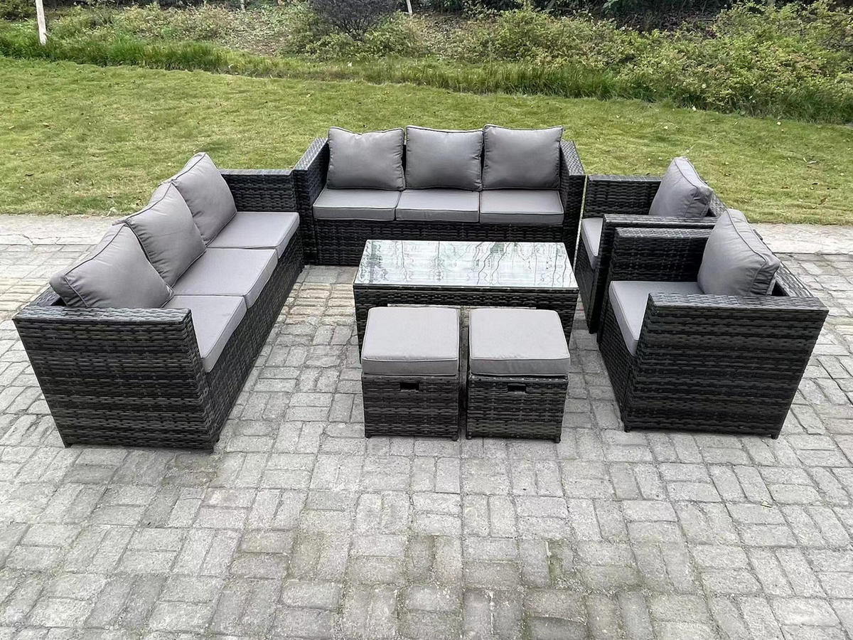GARTENTISCHGRUPPE Polyrattan 10-Sitzer - Dunkelgrau/Grau, Glas/Kunststoff - Fimous
