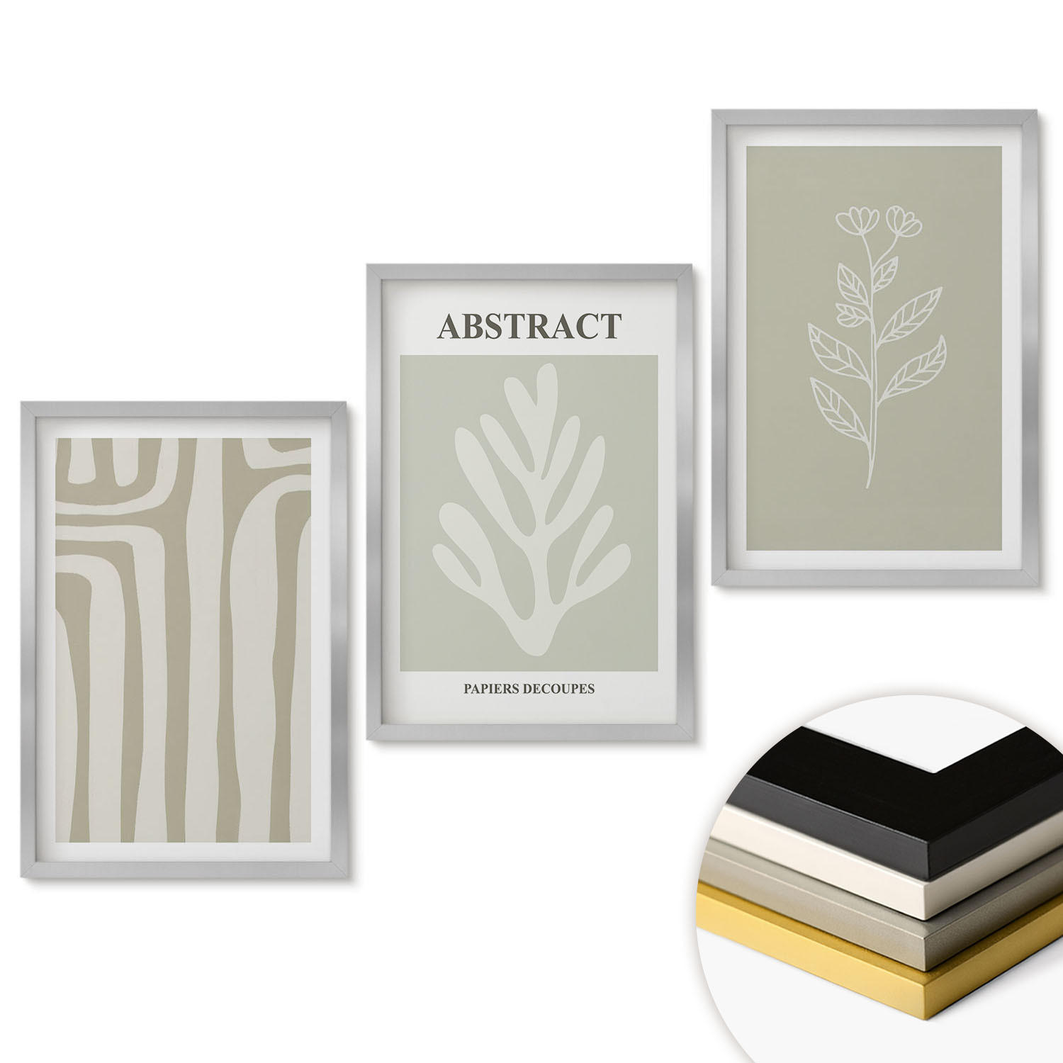 WANDBILDER 3er Set - 40x60 cm Silberner Rahmen - Abstrakte Pflanzenmuster - Silberfarben, Kunststoff (40/60cm) - ArtPrintCave